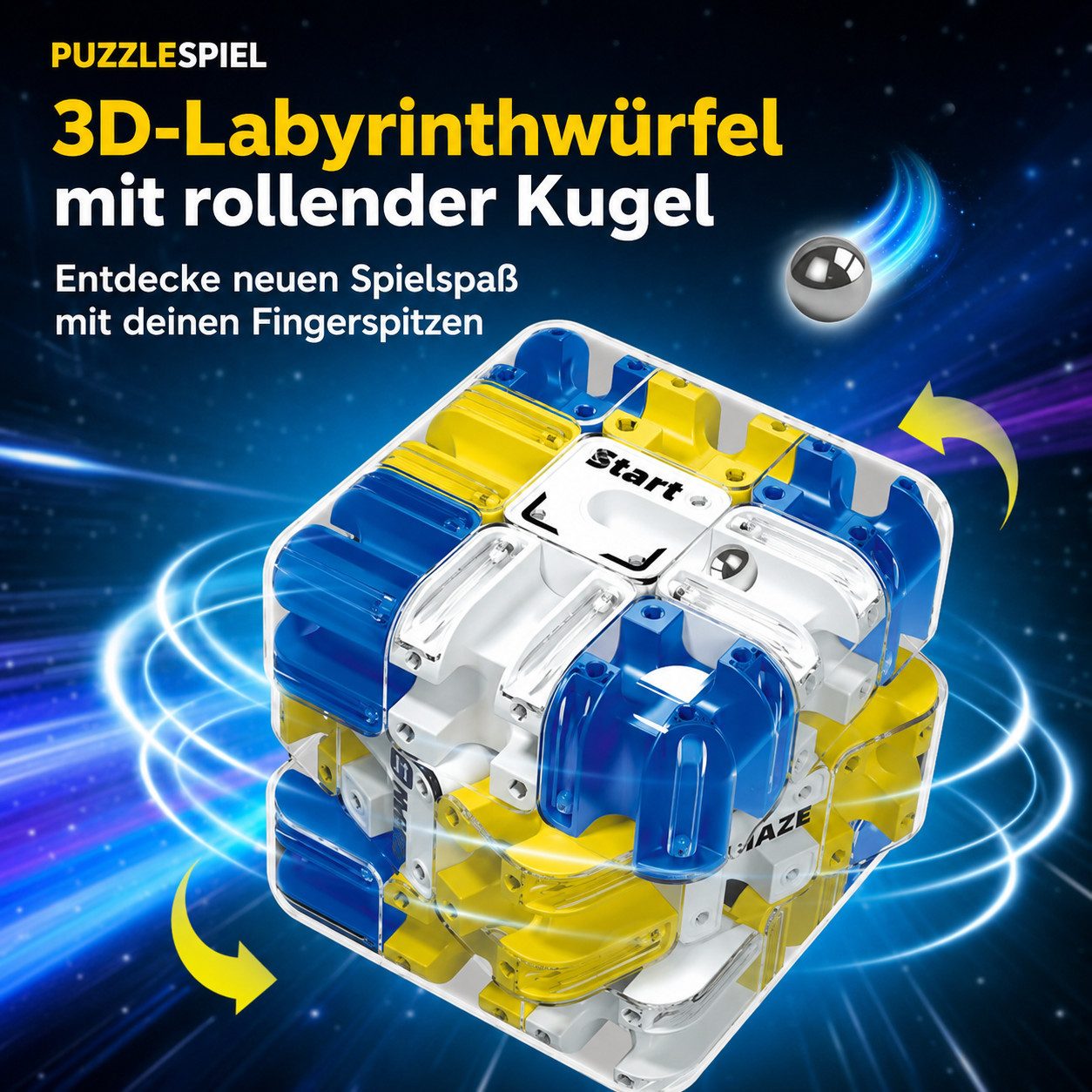 TruWare Würfelpuzzle 3D-Labyrinthwürfel mit rollender Kugel – Geduldsspiel Puzzle Cube, Puzzleteile, Drehbarer Maze Würfel für Kinder & Erwachsene, Konzentrationsspiel