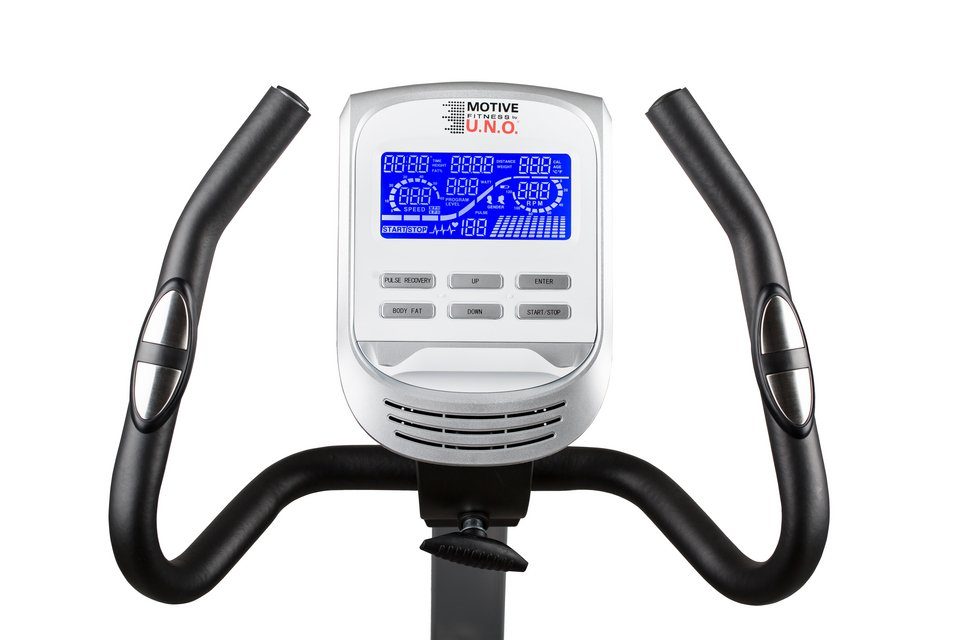 MOTIVE FITNESS by U.N.O. Ergometer ET1000 (mit/ohne Unterlegmatte) (mit Tablet-Halterung), 120 kg max. Benutzergewicht, Fahrrad, 24 Widerstandsstufen