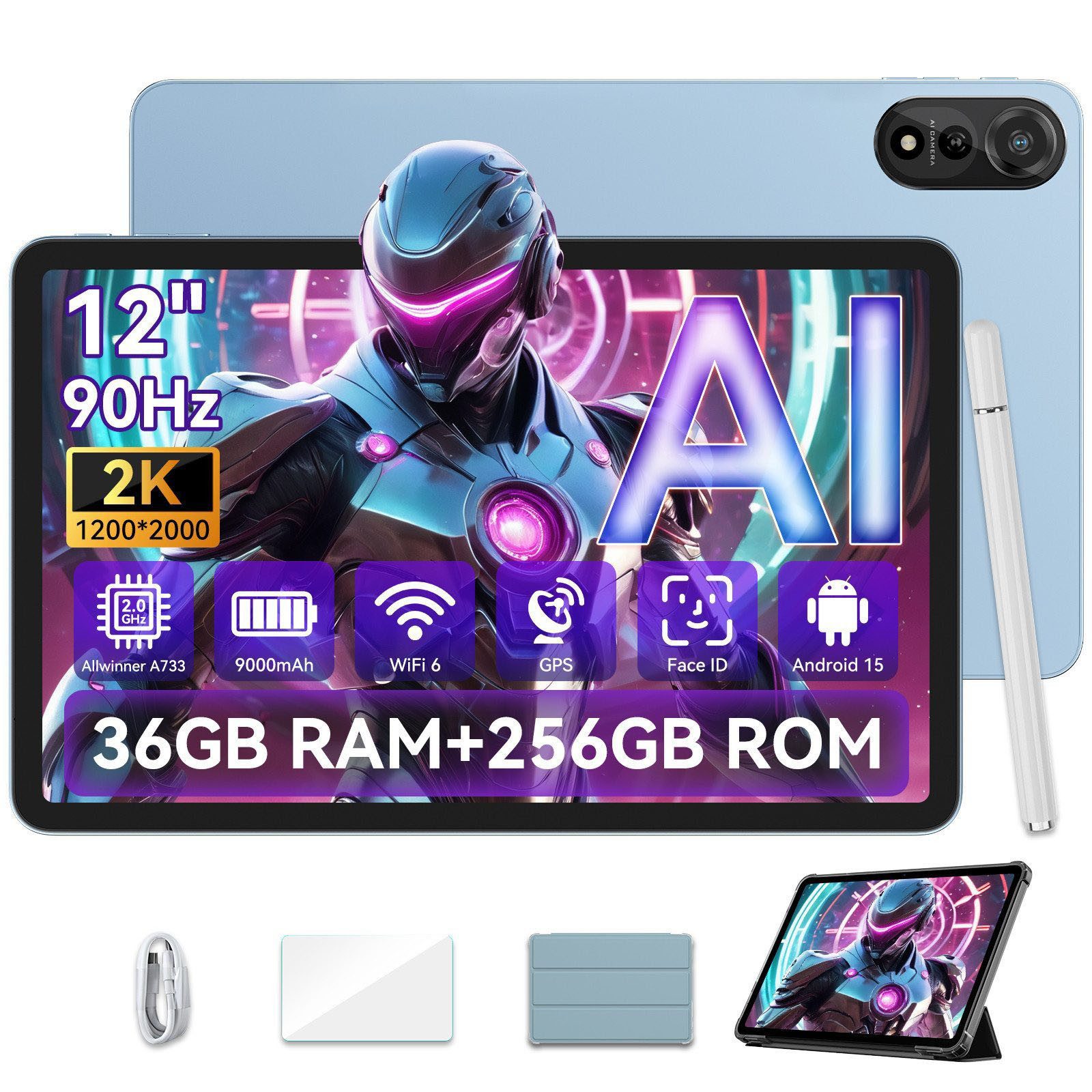 blackview 12” Mega Tablet Android 15 2K 90Hz Tablet (256 GB, 2K, Android 15, 9000mAh, Gemini AI 2.0, PC Mode 2.0, Face ID)