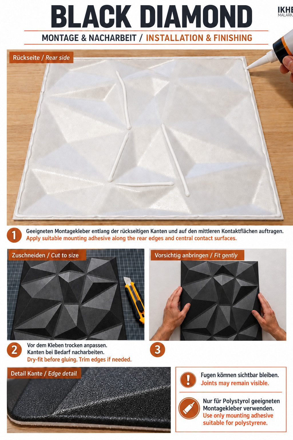 IKHEMalarka 3D Wandpaneel aus Polystyrol Styropor XPS 4m²/16 Stück, BxL: 50,00x50,00 cm, 0,25 qm, (16-tlg) 3D Paneelen für Decke oder Wand – Bild 5 von 5