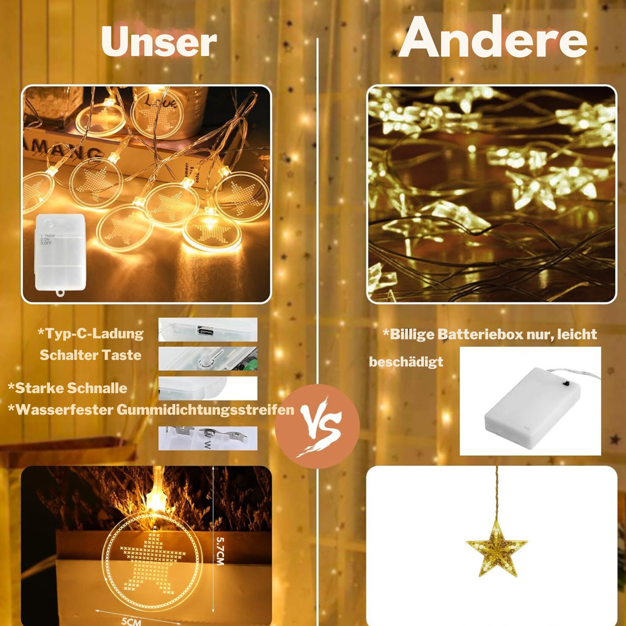 Vivitar Lichterkette Innenbereich dekorative Lichter 4,1 m 15 LED USB wiederaufladbar, Batterie-Acryl-Blumen LED-Lichterketten für innen, außen