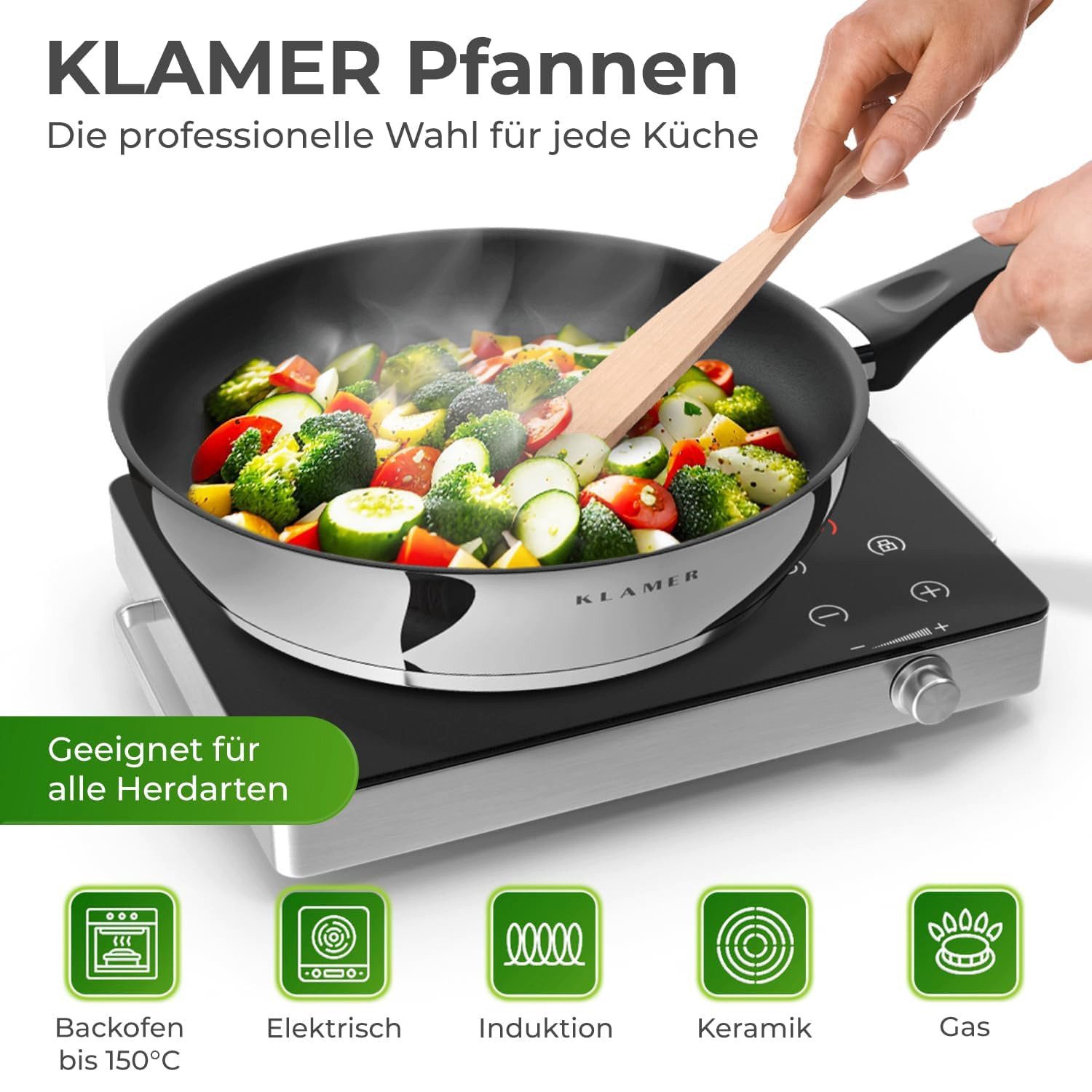 KLAMER Bratpfanne 20cm, antihaftbeschichtete Induktions-Pfanne, Premium Beschichtung, h…, Edelstahl, Spülmaschinenfest, für alle Herdarten