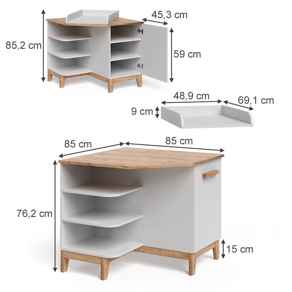 VitaliSpa® Wickelkommode Malia, Weiß/Artisan/Artisan, 85 x 85.2 cm mit Tür