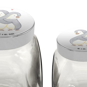 Mr. & Mrs. Panda Vorratsglas XL 2000ml Pinguine Kuscheln - Weiß - Geschenk, Keksbehälter, Müslidos, Premium Glas, (1-tlg), Hochwertiger Druck