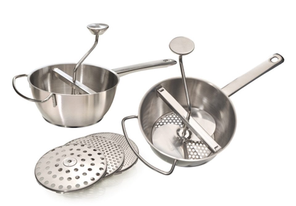 MATO interpräsent Passiersieb MATO Passiermühle Ø 20 cm Passiergerät aus Edelstahl + 3 x Siebeinsatz, Edelstahl, (mit drei Siebeinsätzen)