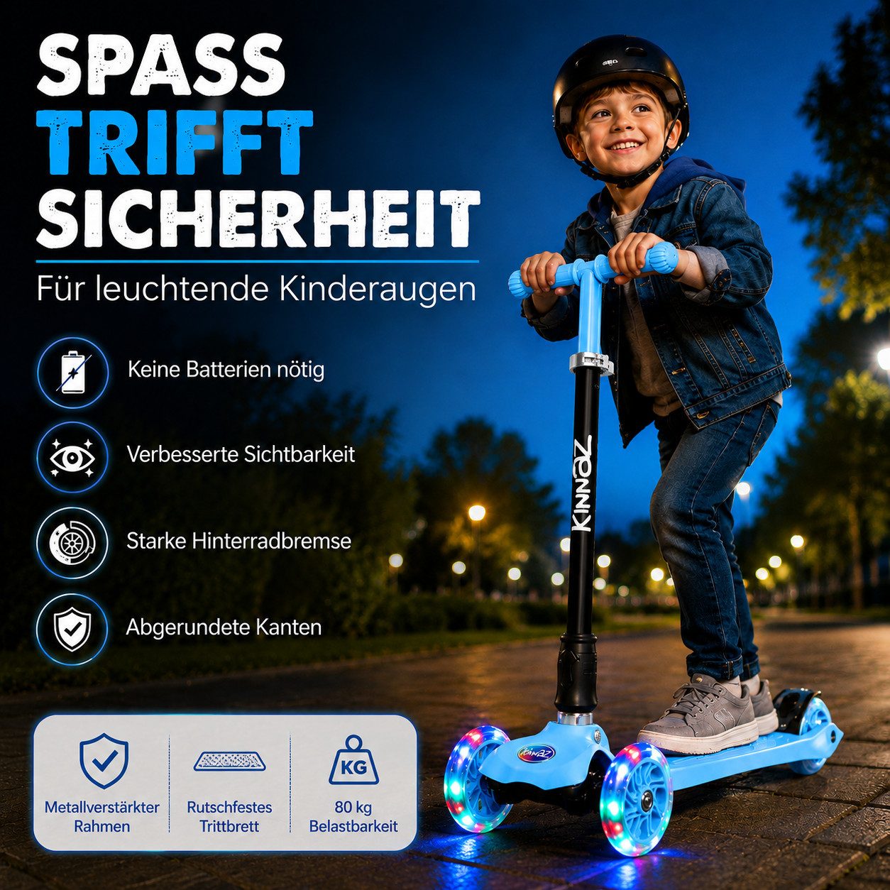 KINNAZ Dreiradscooter ab 5 Jahre, LED Räder, Höhe flexibel, faltbar, Roller Scooter Garantie, (Kinderroller, Kinnaz Two), faltbar, höhenverstellbar, LED Räder, Ersatzteilservice, aus Hamburg