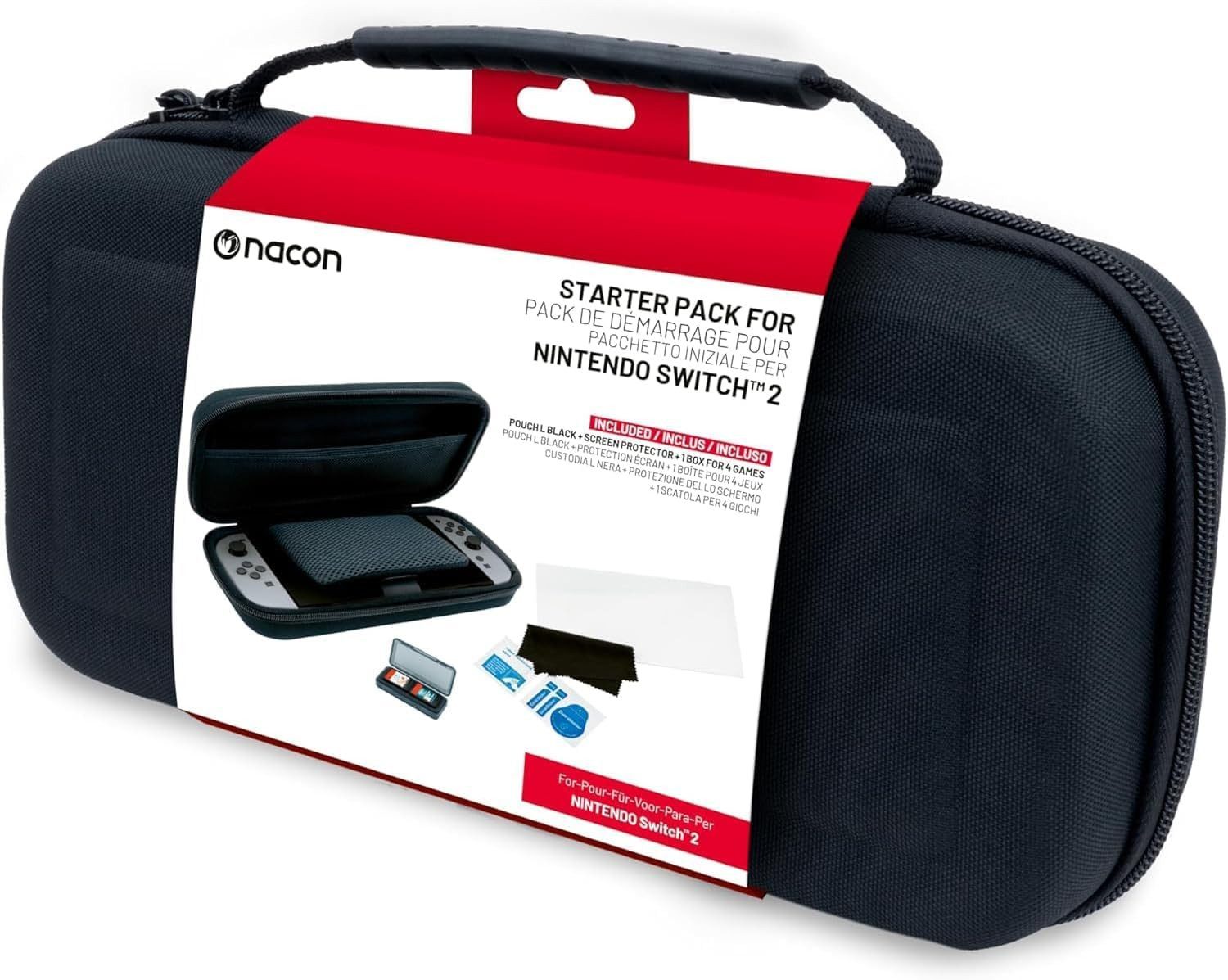 nacon Tragetasche Nintendo Switch 2 Essential Pack, Schwarz, Schwarz, schützt Konsole und Zubehör, inklusive Aufbewahrungsbox