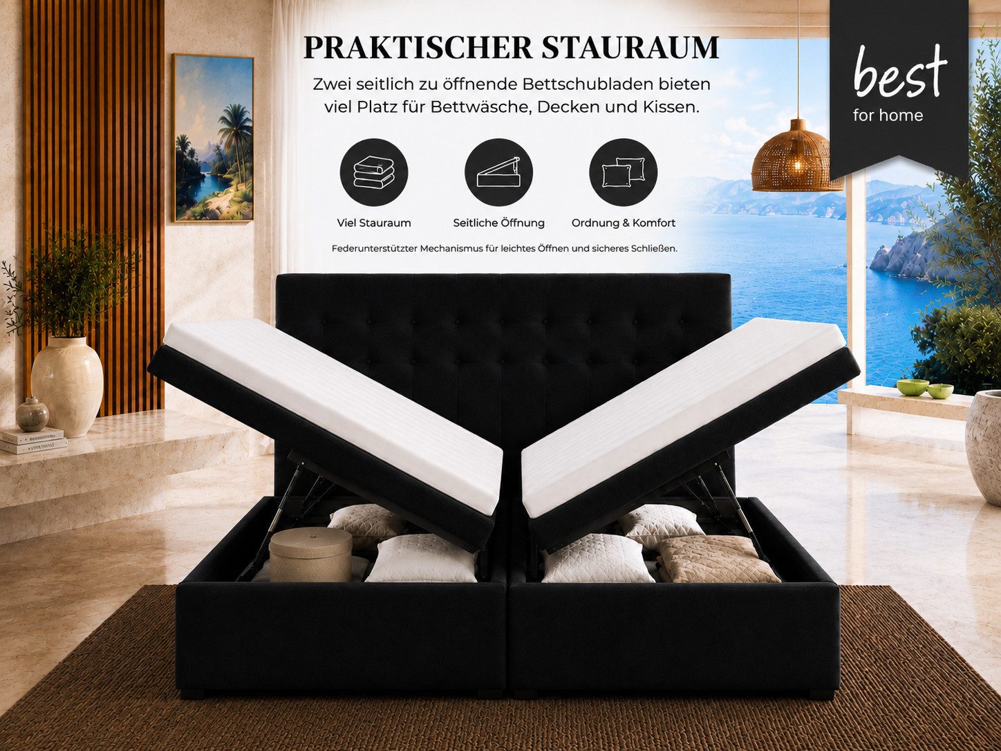 Best for Home Boxspringbett Polsterbett mit 7-Zonen-Taschenfederkernmatratze und Schubladen (Komplettset (Boxspringbett inkl. 2 Matratzen, Topper & Stauraum-Sch – Bild 2 von 5