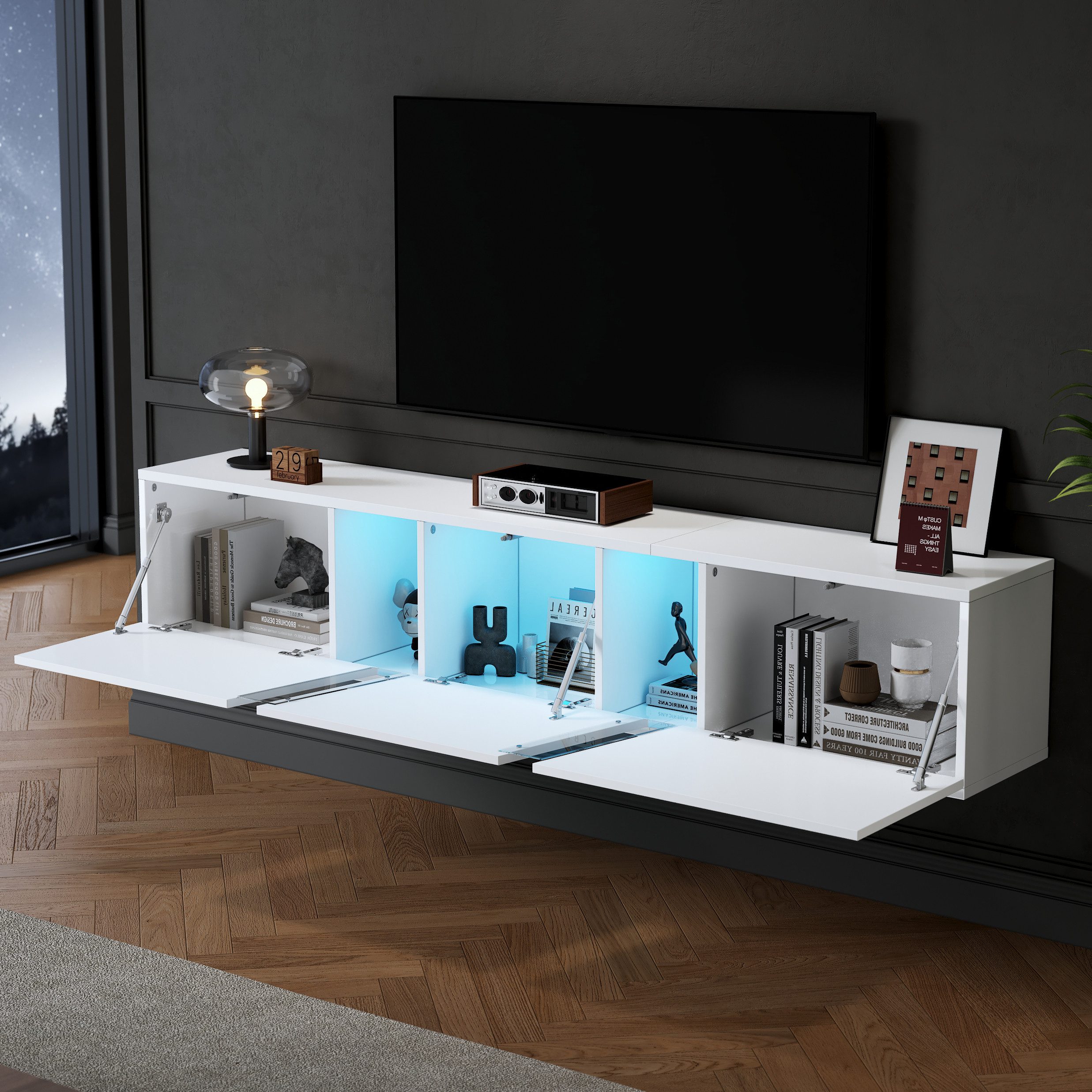 Merax TV-Schrank Hochglanz in Weiß/Schwarz, Hängendes Fernsehschrank (1-St., 180 x 35 x 30 cm) TV-Lowboard mit LED, Acrylakzenten und 3 Türen mit Klappfunktion