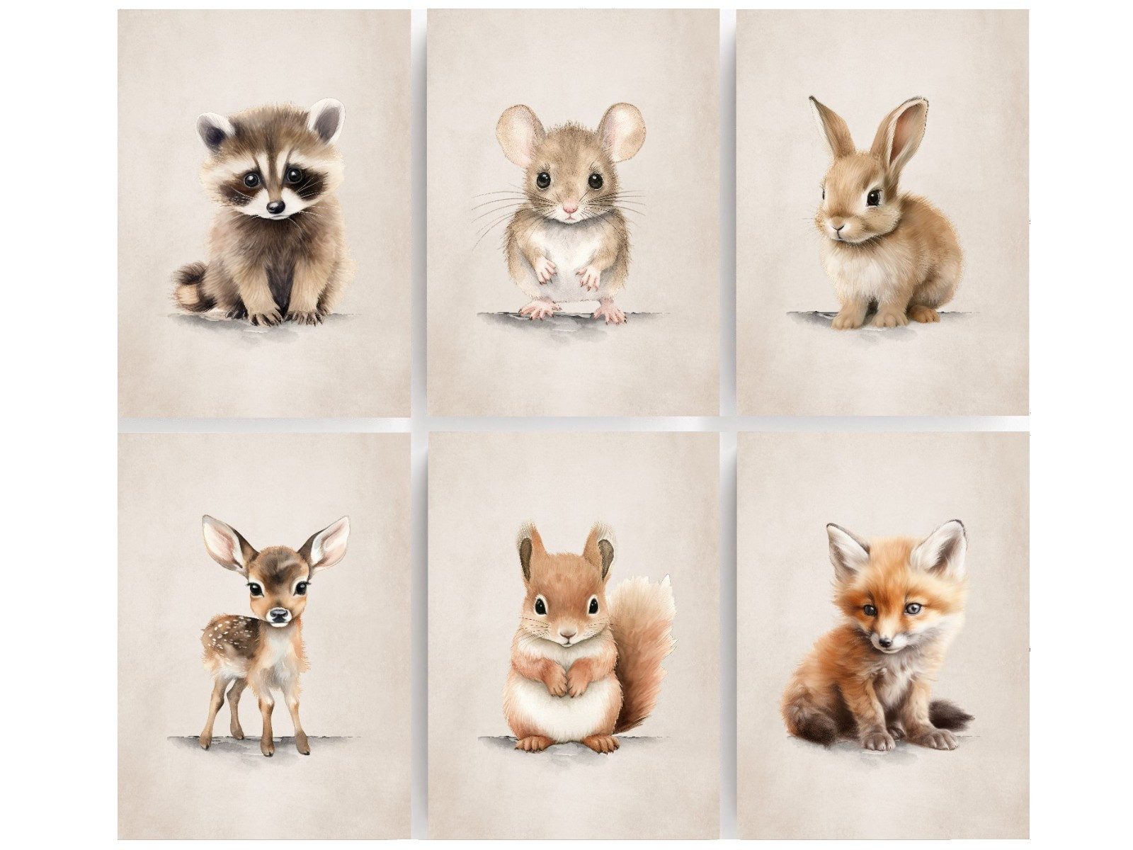 Poster Wandbilder Bilderset Kinderbilder BABY WALDTIERE HASE BAMBI 6er Set