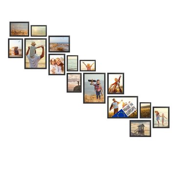 PHOTOLINI Bilderrahmen 15er Set Echtholz-Rahmen, Acrylglas 10x15 bis 21x30 cm Treppenhaus