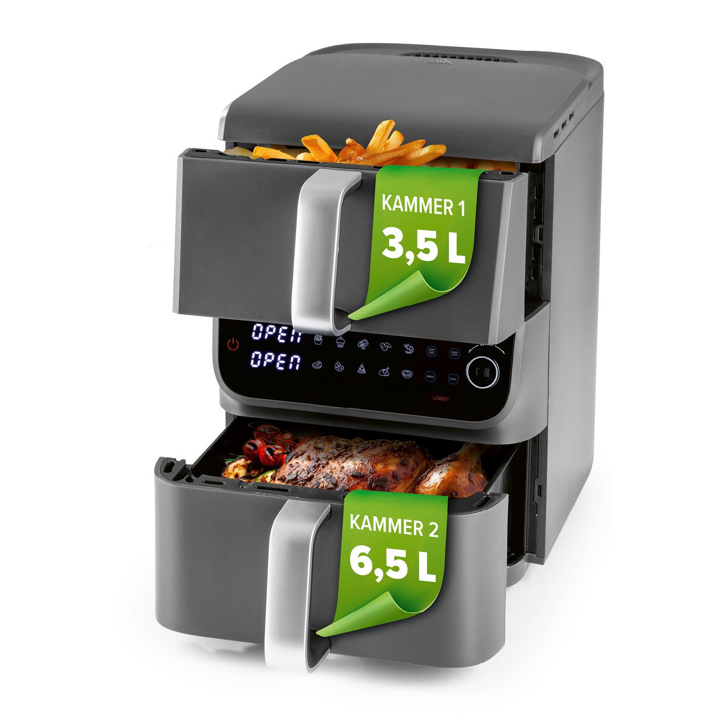GOURMETmaxx Heißluftfritteuse, 2500 W, 2 Ebenen Air Fryer Smart-Cook-Funktion 10 Programme 6 Funktionen