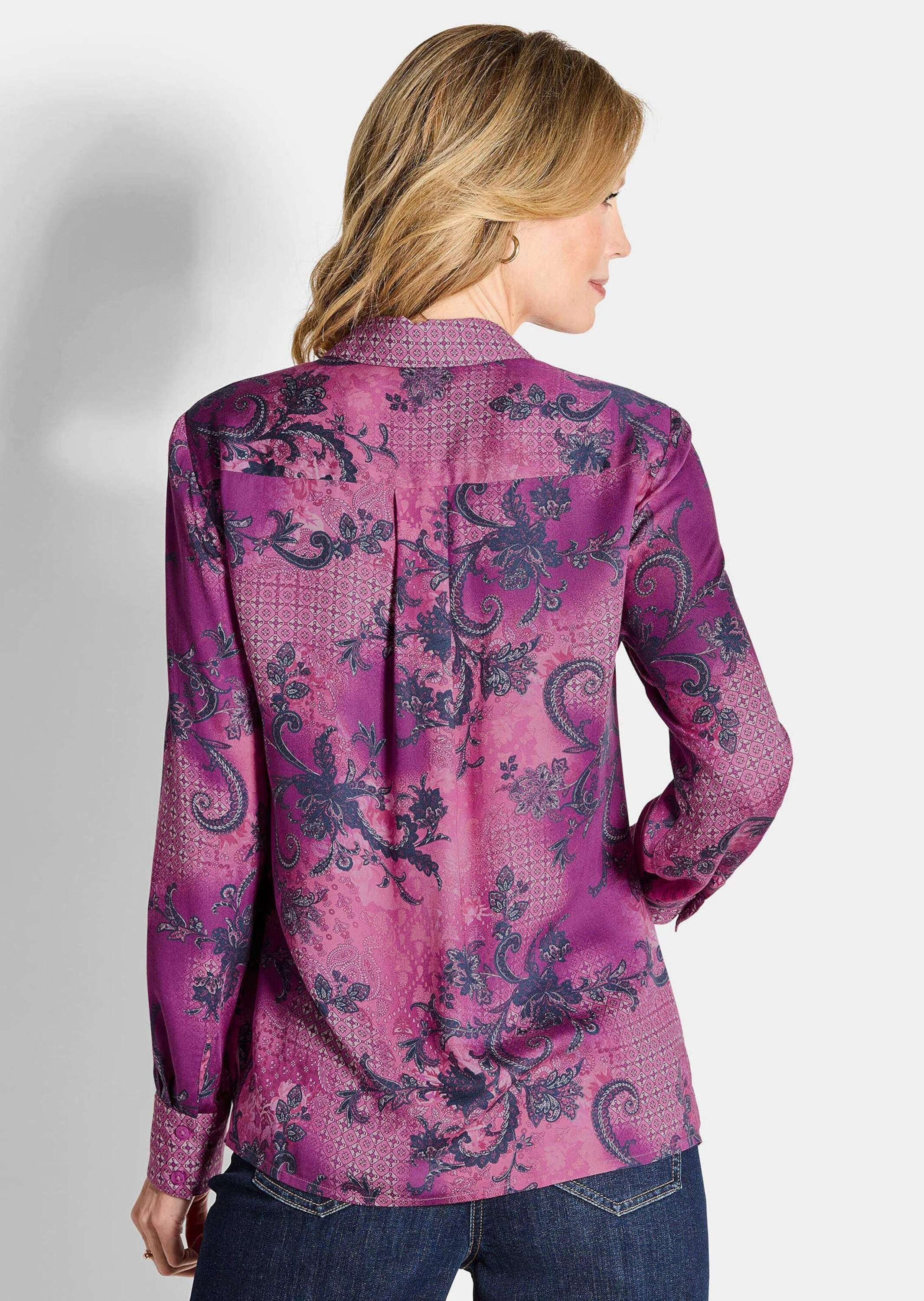 GOLDNER Hemdbluse Kurzgröße: Elegante Satinbluse mit Paisley-Design Viskosebluse mit Muster-Mix, Hemdkragen, Knopfleiste und Langarm