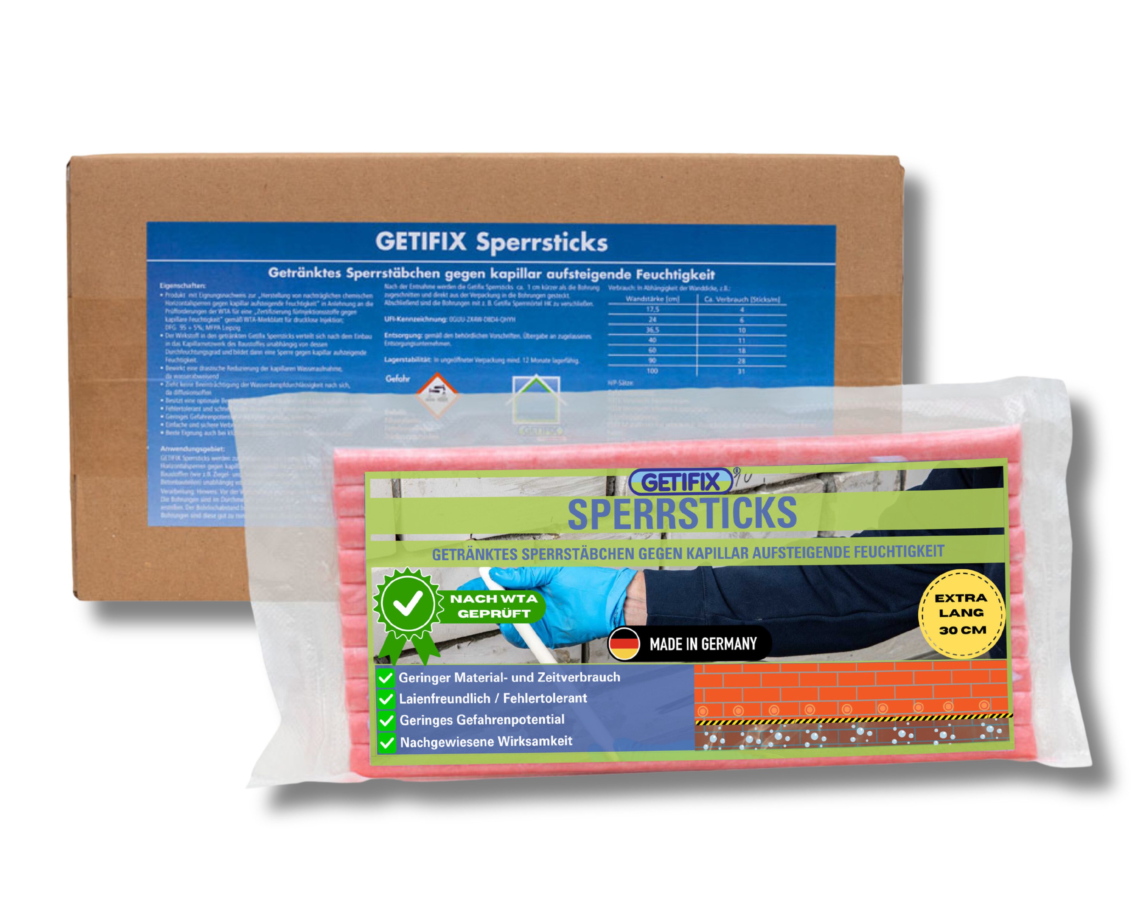 GETIFIX Dichtstoff GETIFIX Horizontallsperre Sticks, Silan Siloxan, Sticks, Stäbchen, gebrauchsfertig, (40-tlg), Extra Lang, 30 cm, länger als herkömmliche Produkte