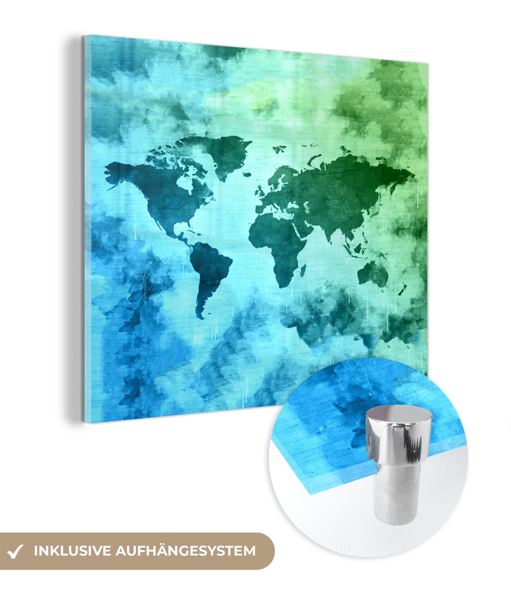 MuchoWow Acrylglasbild Weltkarte - Smoke - Blau, (1 St), Glasbilder - Bilder auf Glas Wandbild - Foto auf Glas - Wanddekoration