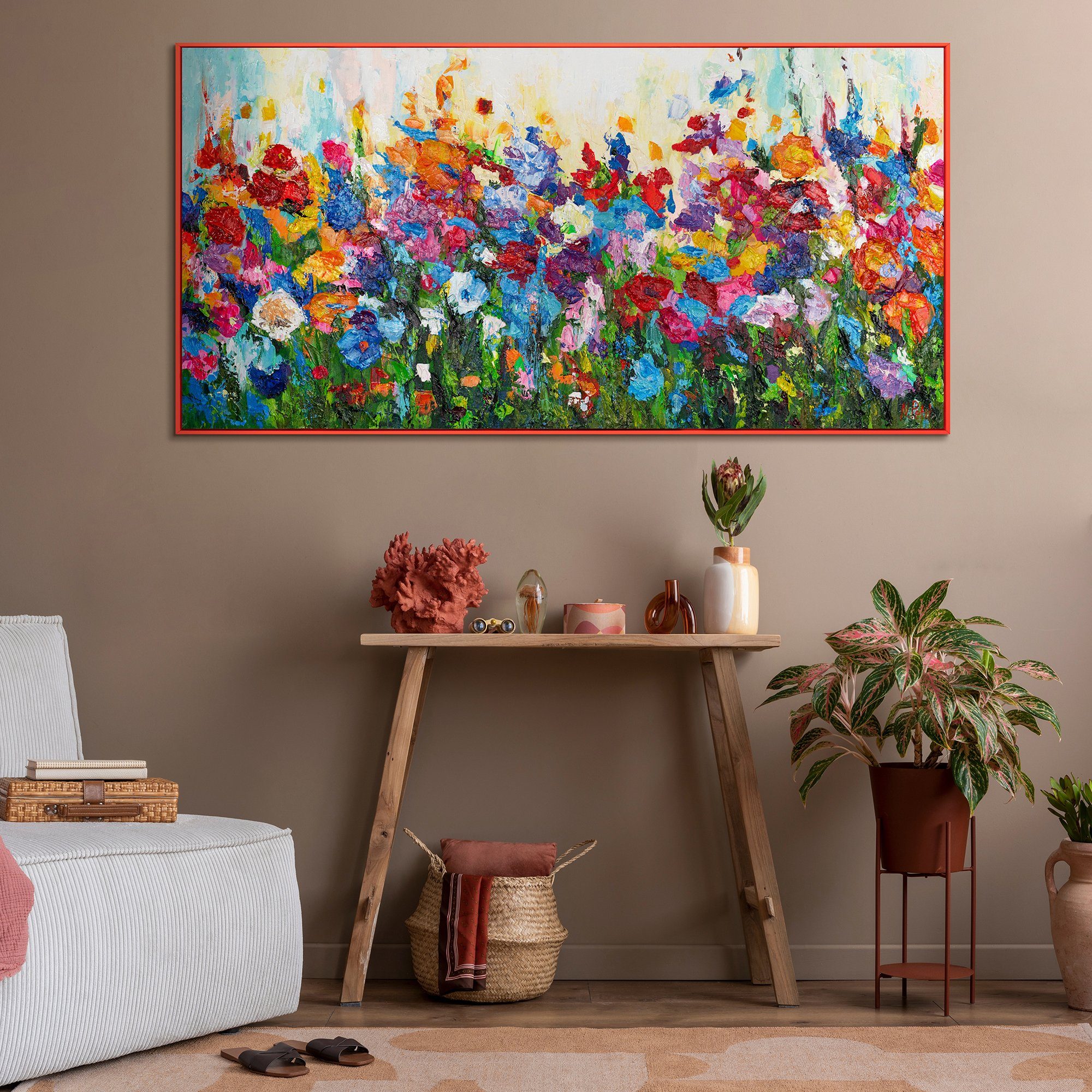 YS-Art Gemälde Blumige Farben, in Blumen Rahmen Blau Mit