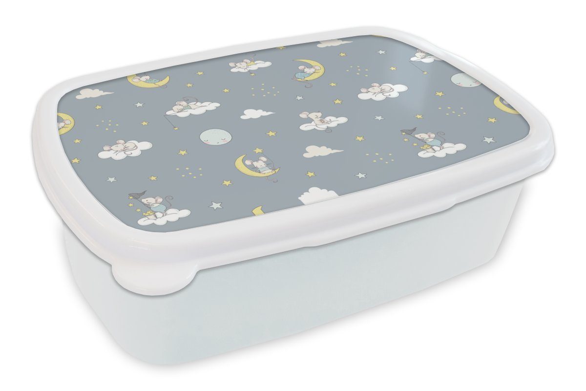 MuchoWow Lunchbox Maus - Mond - Muster, Kunststoff, (2-tlg), Brotbox für Kinder und Erwachsene, Brotdose, für Jungs und Mädchen weiß | Lunchboxen
