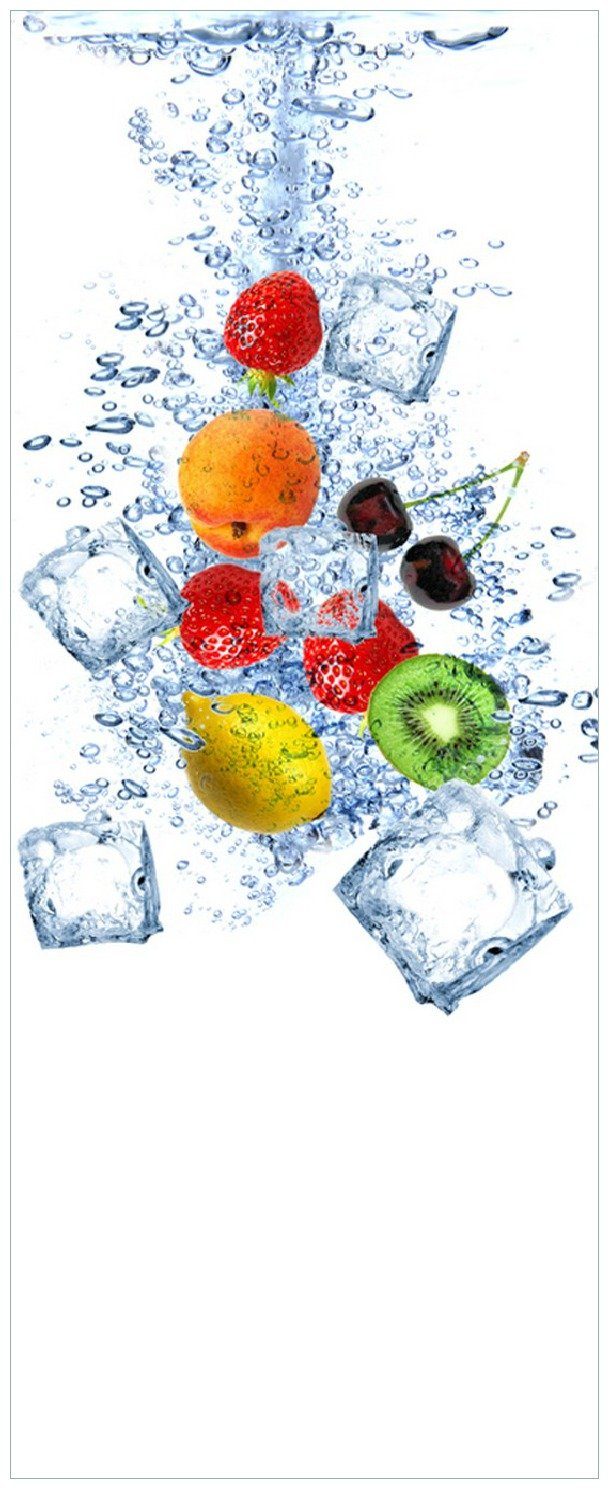 Wallario Memoboard Obst-Eiswürfel-Mix im Wasser mit weißem Hintergrund
