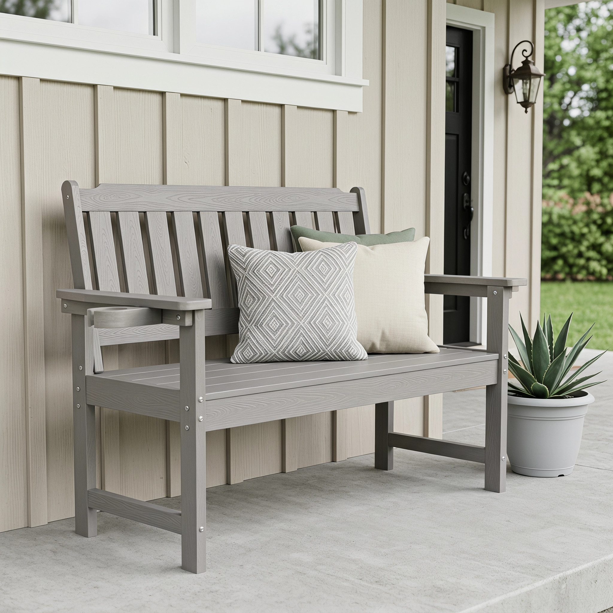 NJLyuhome Gartenbank Allwetter-Gartenbank mit integrierten Getränkehaltern aus HIPS (1-St), wetterfest und pflegeleicht – für Terrasse, Garten und Balkon
