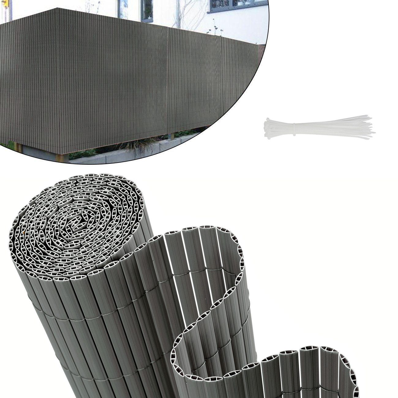 Sekey Balkonsichtschutz PVC Sichtschutzmatte Grau Bambus Sichtschutz Balkon ohne Bohren Zaun Sichtschutz, Windschutz, Sonnenschutz für Balkon, Garten, Terrasse