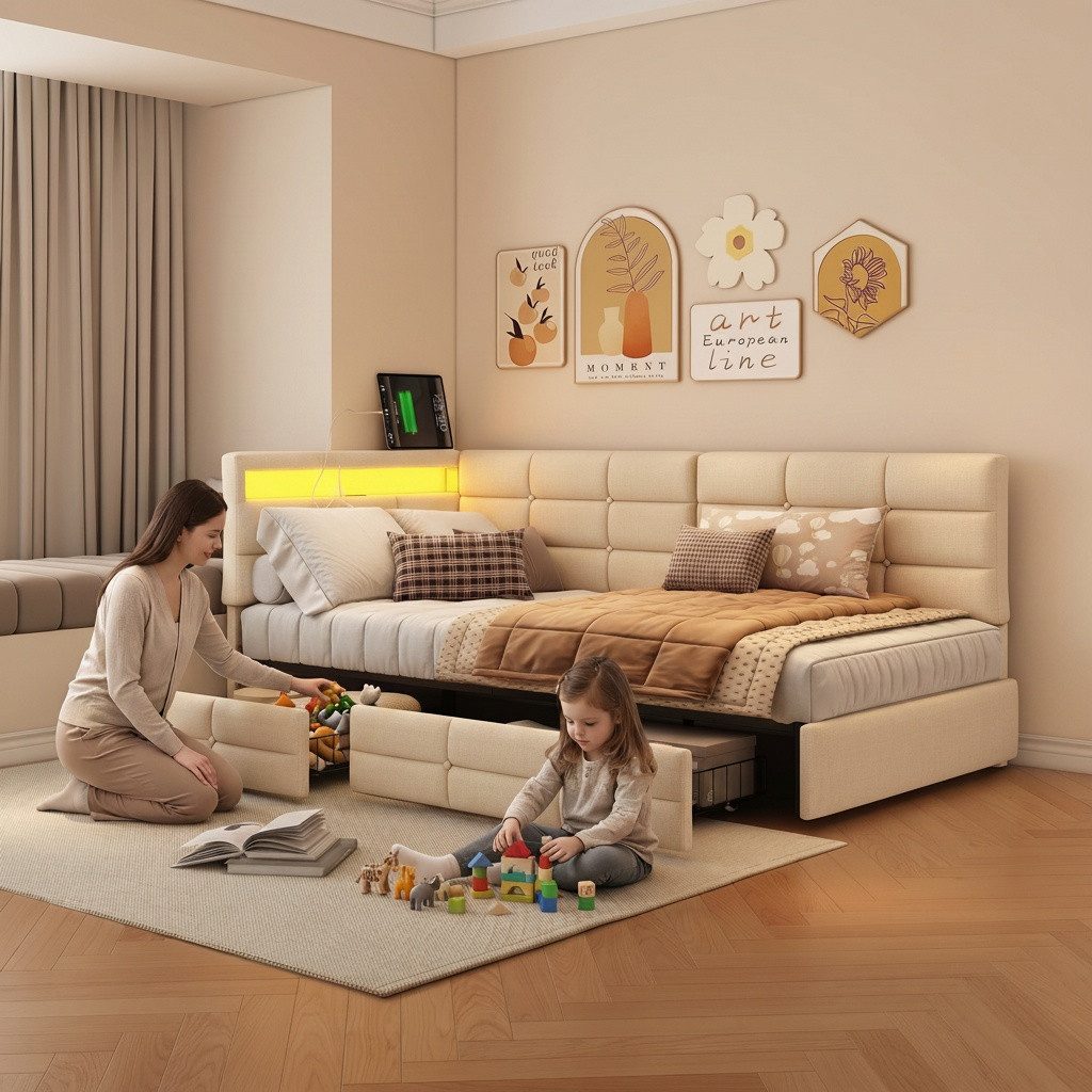 PXloue Polsterbett Daybett Tagesbett, Schlafsofa,2 Schubladen, Mit LED und USB-Ladeanschluss,90x200 cm
