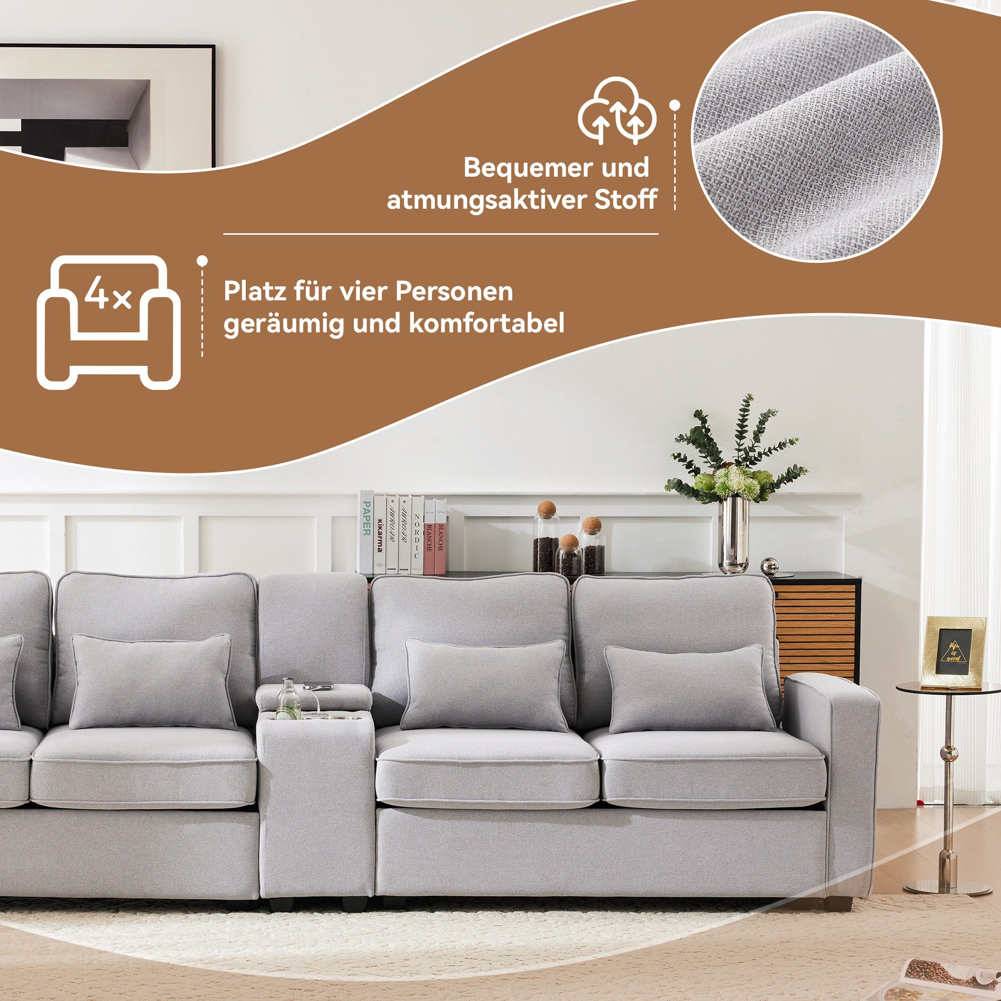 Merax 4-Sitzer mit Seitentaschen und Getränkehälter, XXL-Sofa mit USB,Chaiselounge,Polstermöbel mit Zierkissen – Bild 4 von 5