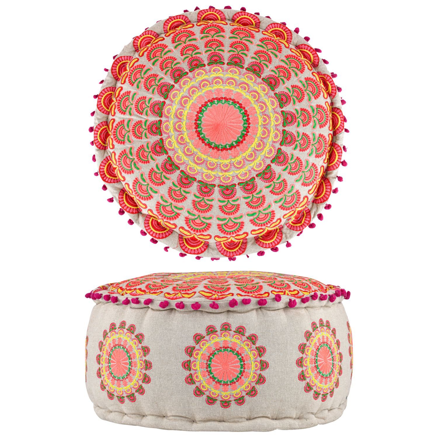 Marrakesch Orient & Mediterran Interior Pouf Pouf Garet Orange, runder Baumwoll-Sitzpouf bestickt 50x25 cm (1-St), Handarbeit