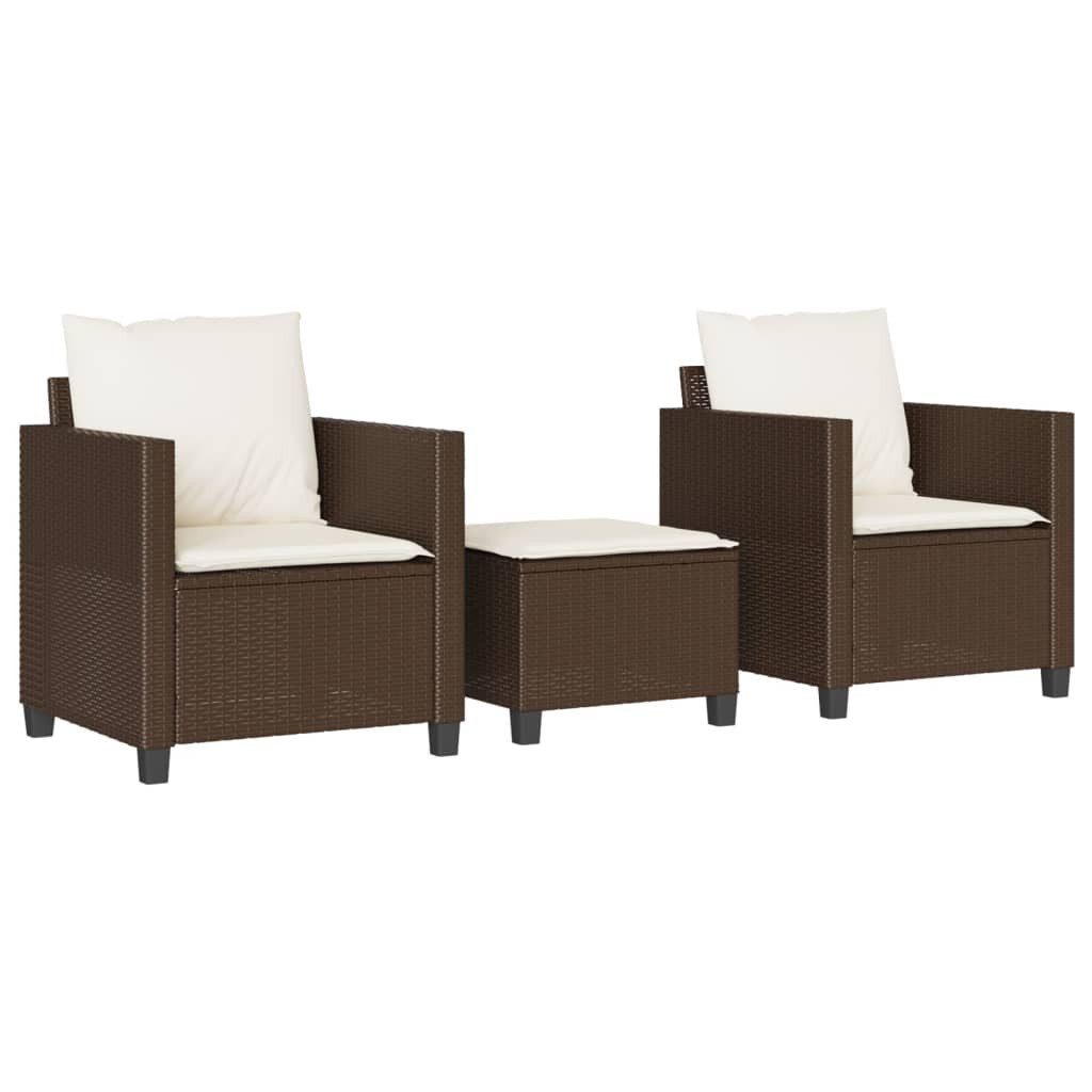 vidaXL Gartenlounge-Set 3-tlg. Bistro-Set mit Kissen Braun Poly Rattan, (1-tlg)