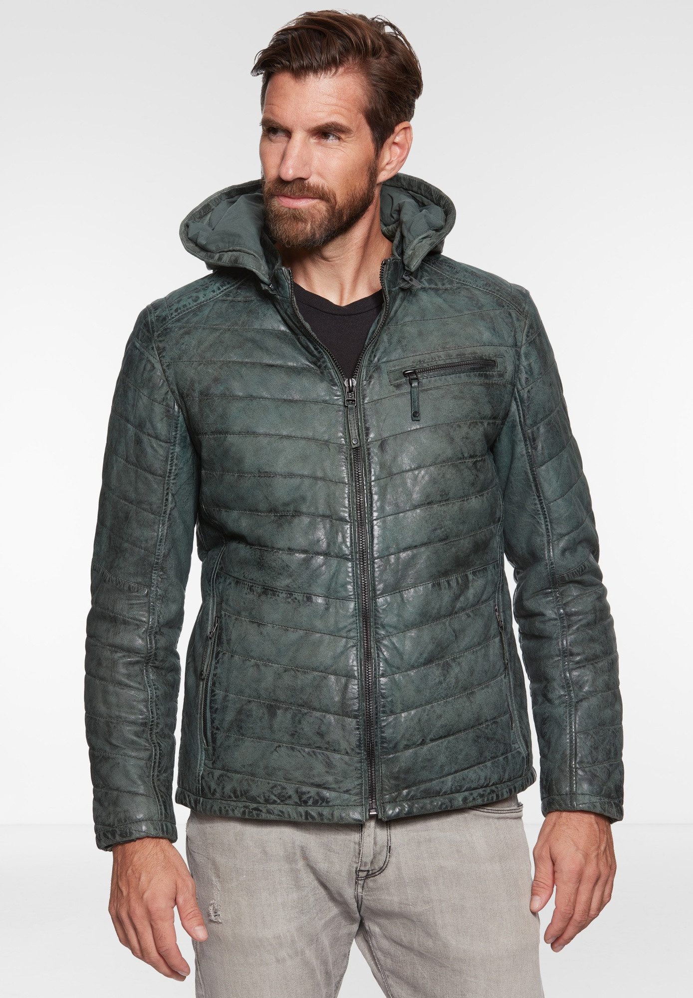Jilani Lederjacke Simo-2 Jilani - Herren Lederjacke Steppjacke Kapuze Lammnubuk dunkelgrün