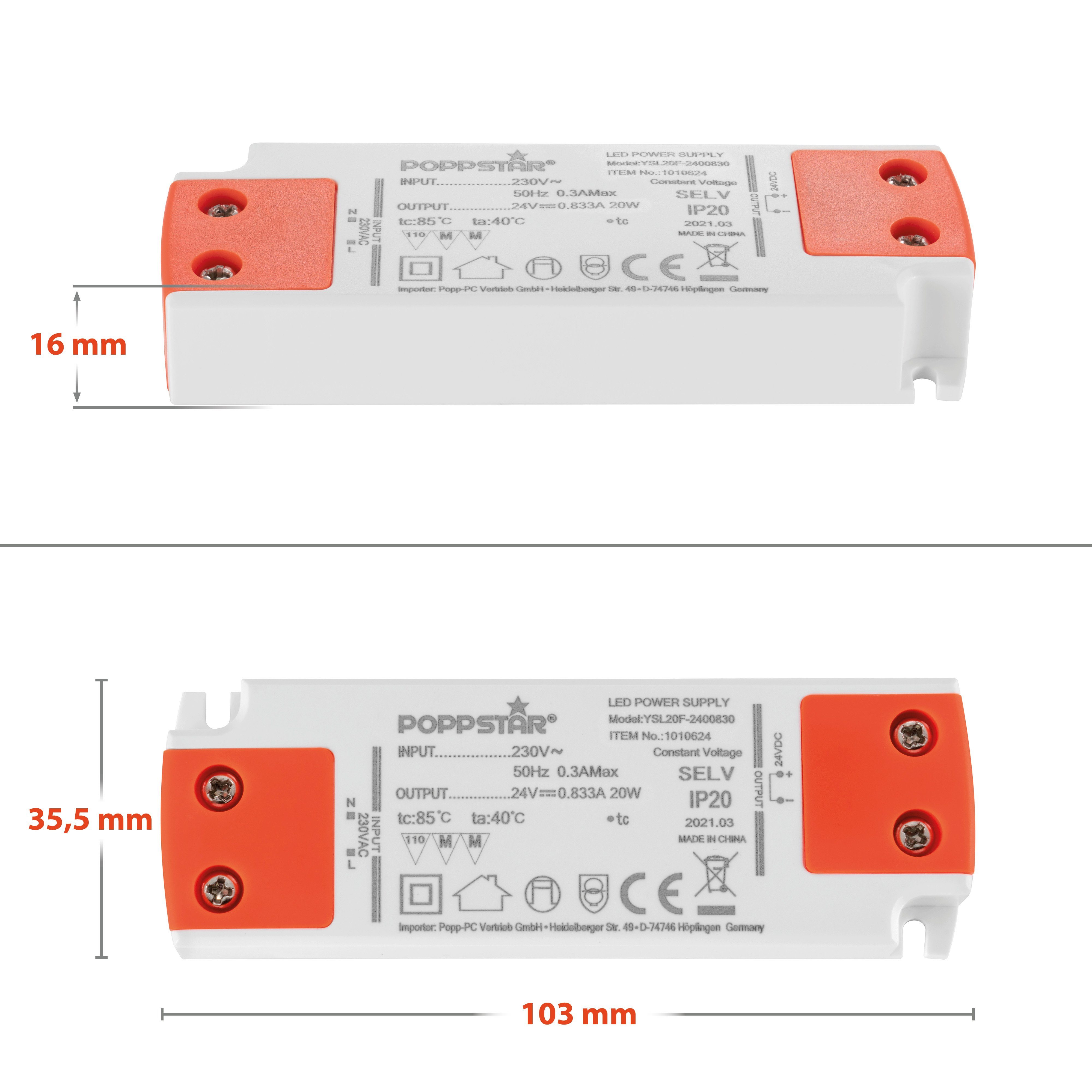 AC 24V 230V bis / (Slim LED-Transformator Trafo 0,2 DC Poppstar LEDs) Trafo Ultra flacher 0,83A 20 24 Watt LED V (für