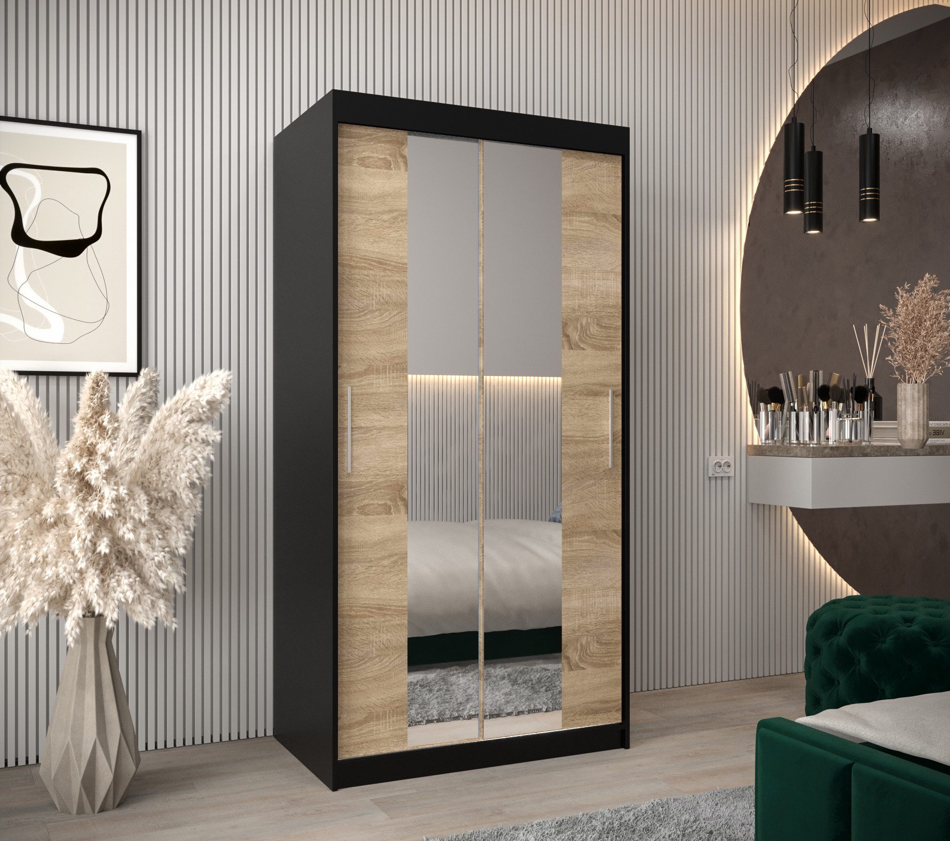 MOEBLO Schiebetürenschrank TORM 1 (Schrank mit Spiegel, mit/ ohne Schubladen, Schwebetürenschrank Schrank Garderobe Schiebtüren Schlafzimmer Wohnzimmerschrank) (BxHxT):100/120/150/180/200/250x200x62 cm