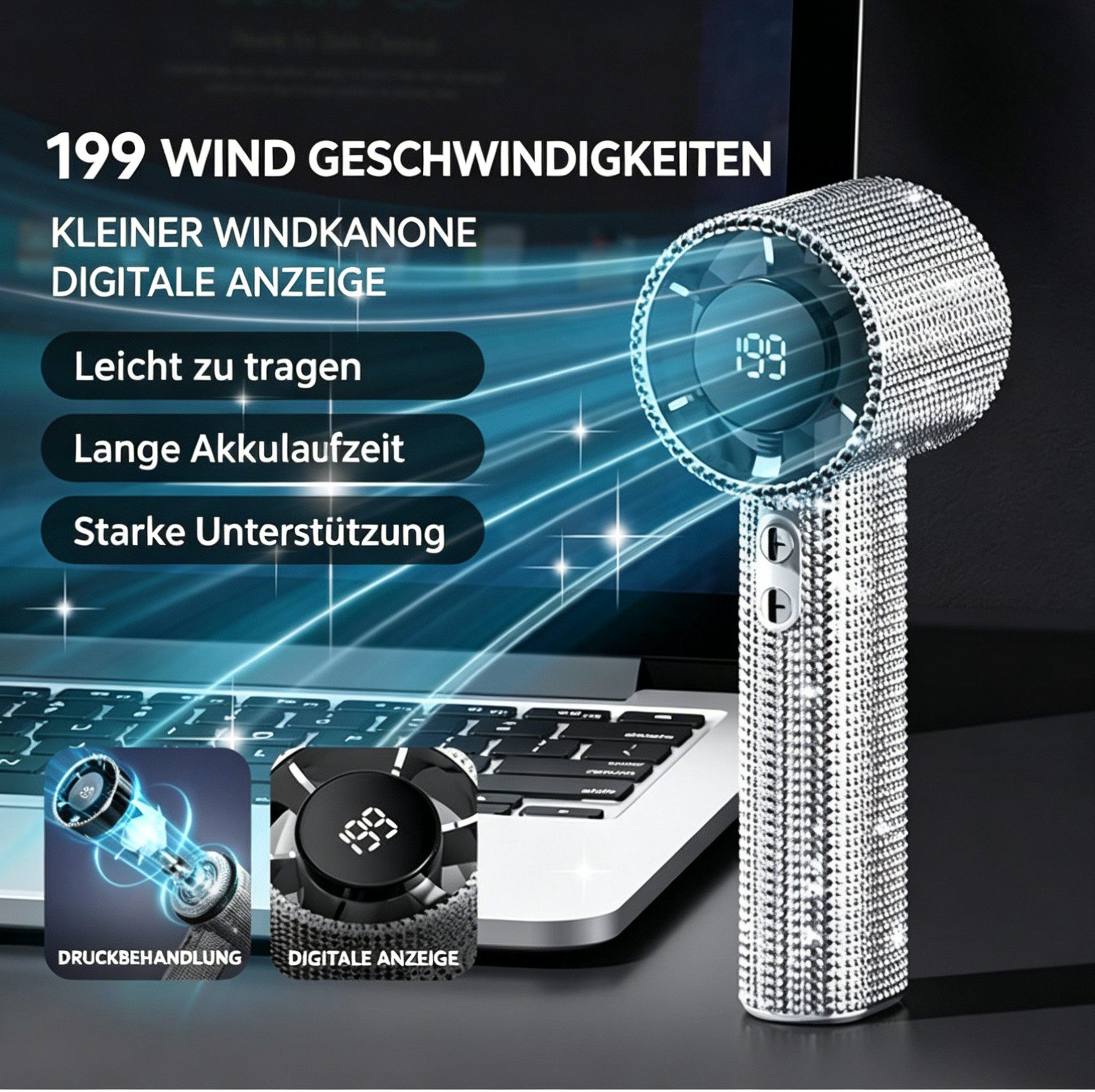 nsihing Handventilator Leuchtender Handventilator, tragbarer Turboflügel-Handventilator, USB-aufladbar, ideal für Reisen, Urlaub und Strand