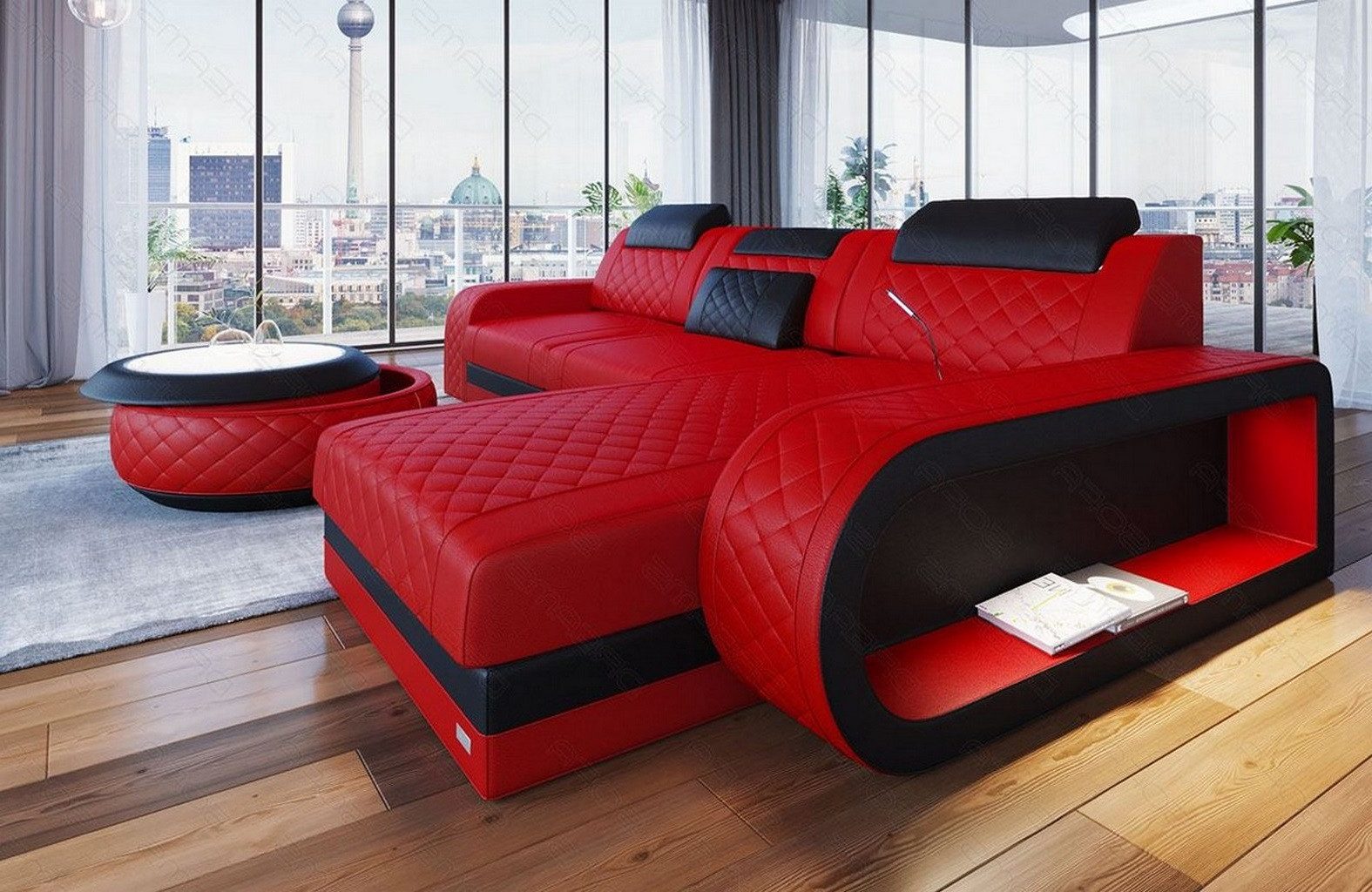 Sofa Dreams Ecksofa Berlin L Form Leder, Ecksofa, Ottomane, LED-Beleuchtung, Breite: 308cm, Zierkissen, 4-Sitzer, USB