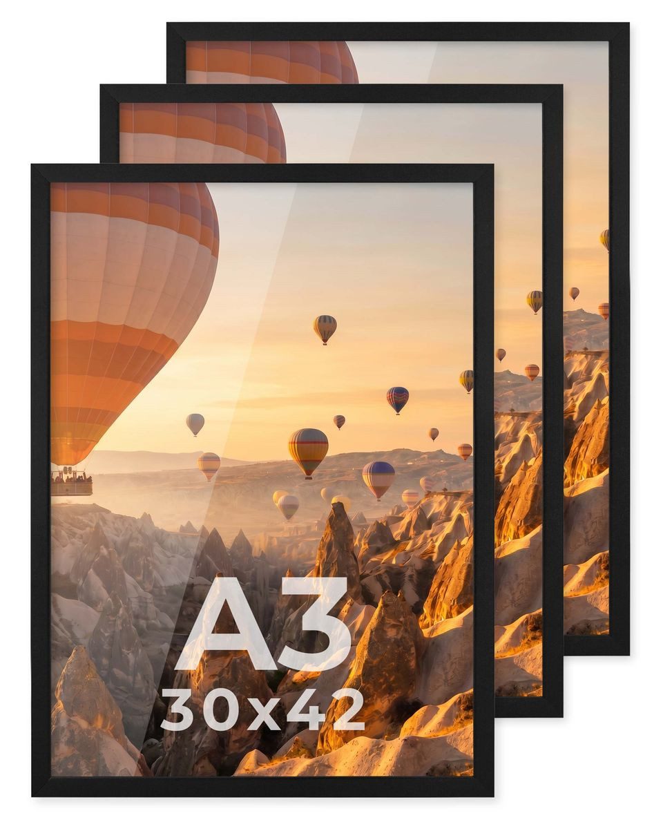 PHOTOLINI Bilderrahmen 3er Set modern mit bruchsicherem Acrylglas, Holz MDF, Fotos & Poster, für 3 Bilder (3er Set), Posterrahmen A3 30x42 cm zum Aufhängen