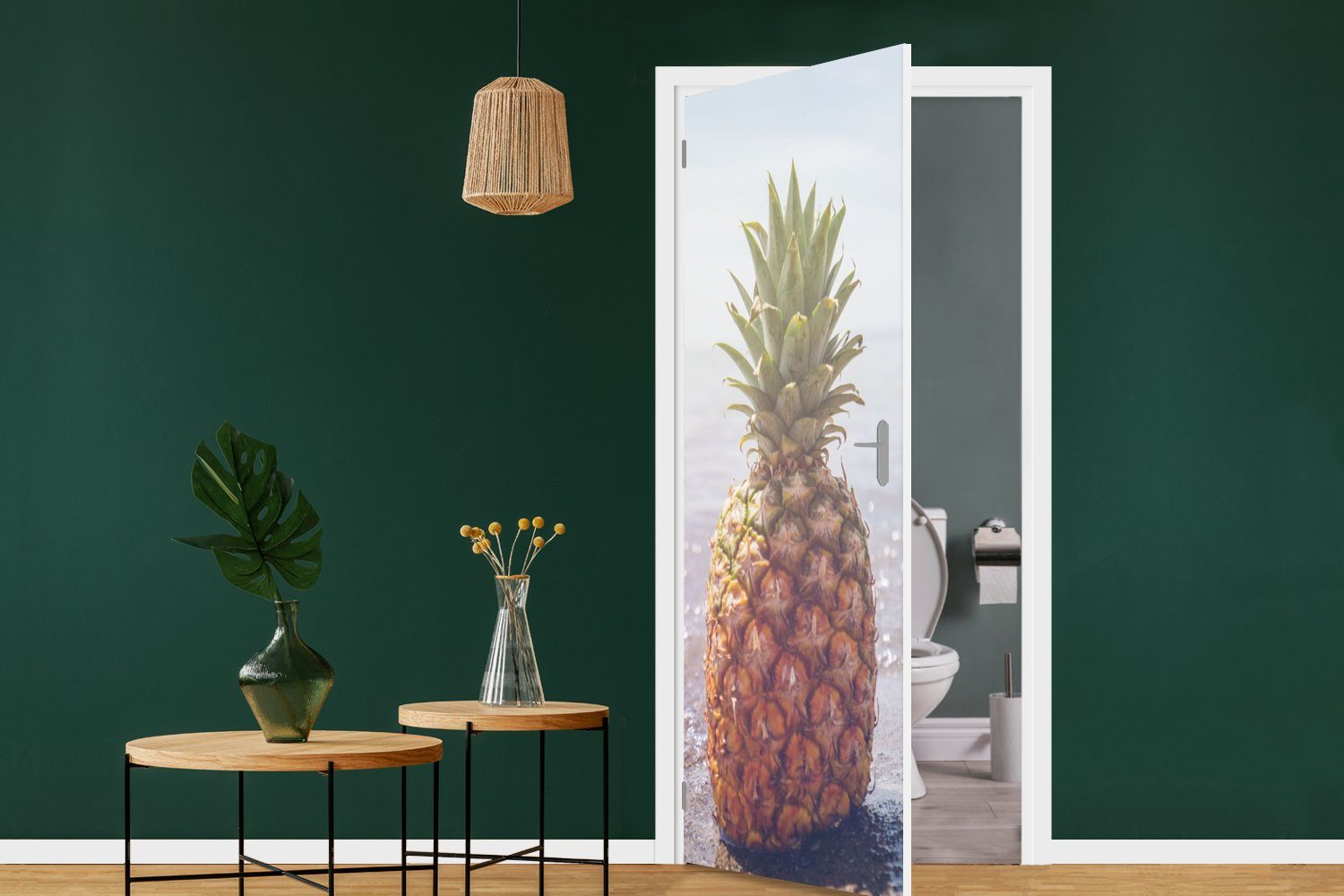 (1 Sommer Tür, MuchoWow Türtapete Fototapete - für - - Ananas Türaufkleber, Matt, Strand bedruckt, cm 75x205 Sonne, St),