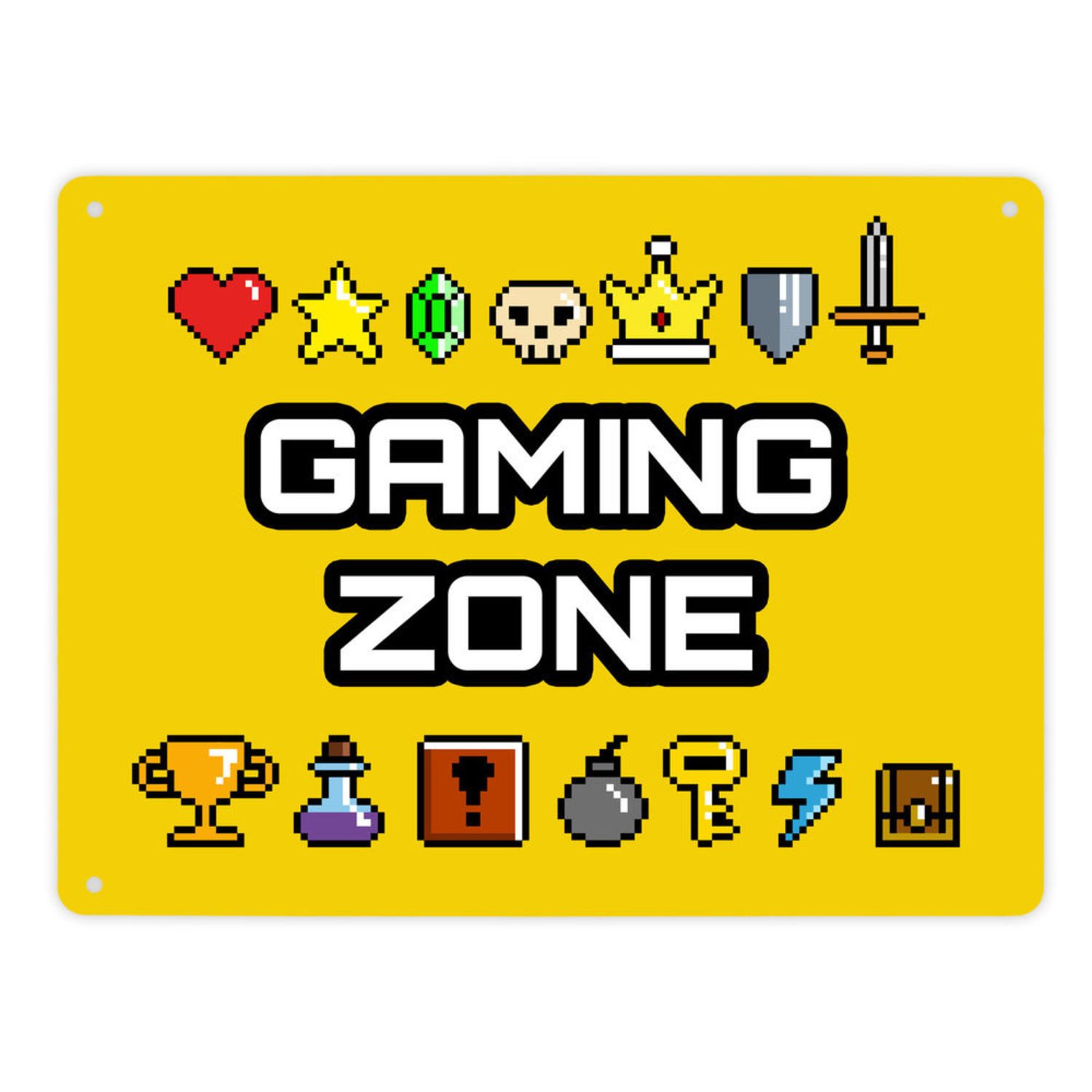 speecheese Metallschild Gaming Zone Metallschild XL in 21x28 cm mit Pixel Items für Zocker
