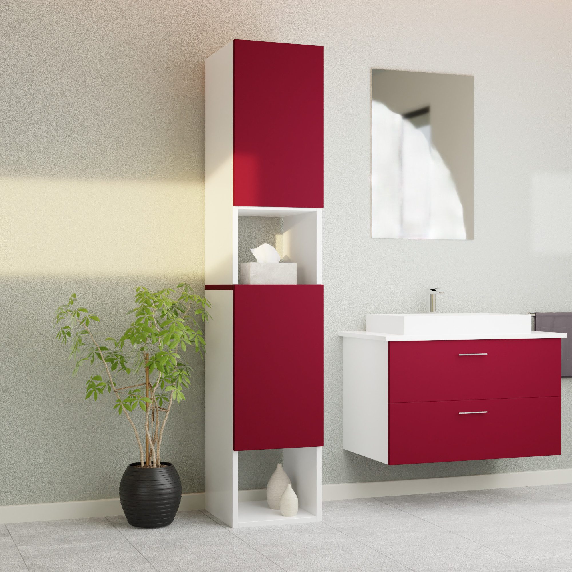 GARLIVO Badezimmer-Set Badezimmerschrank GLC2, hängend, stehend, Rot,  Hochschrank, Breite 31,5 cm