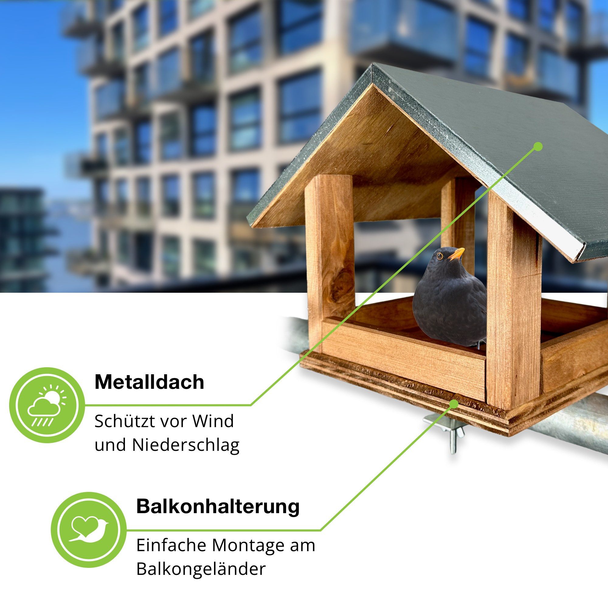 gartenetage Vogelhaus Balkonvogelhaus mit Metalldach – wetterfestes Futterhaus für Wildvögel, Rotkehlchen & Spatzen – robuste Vogelstation für Balkon & Terrasse