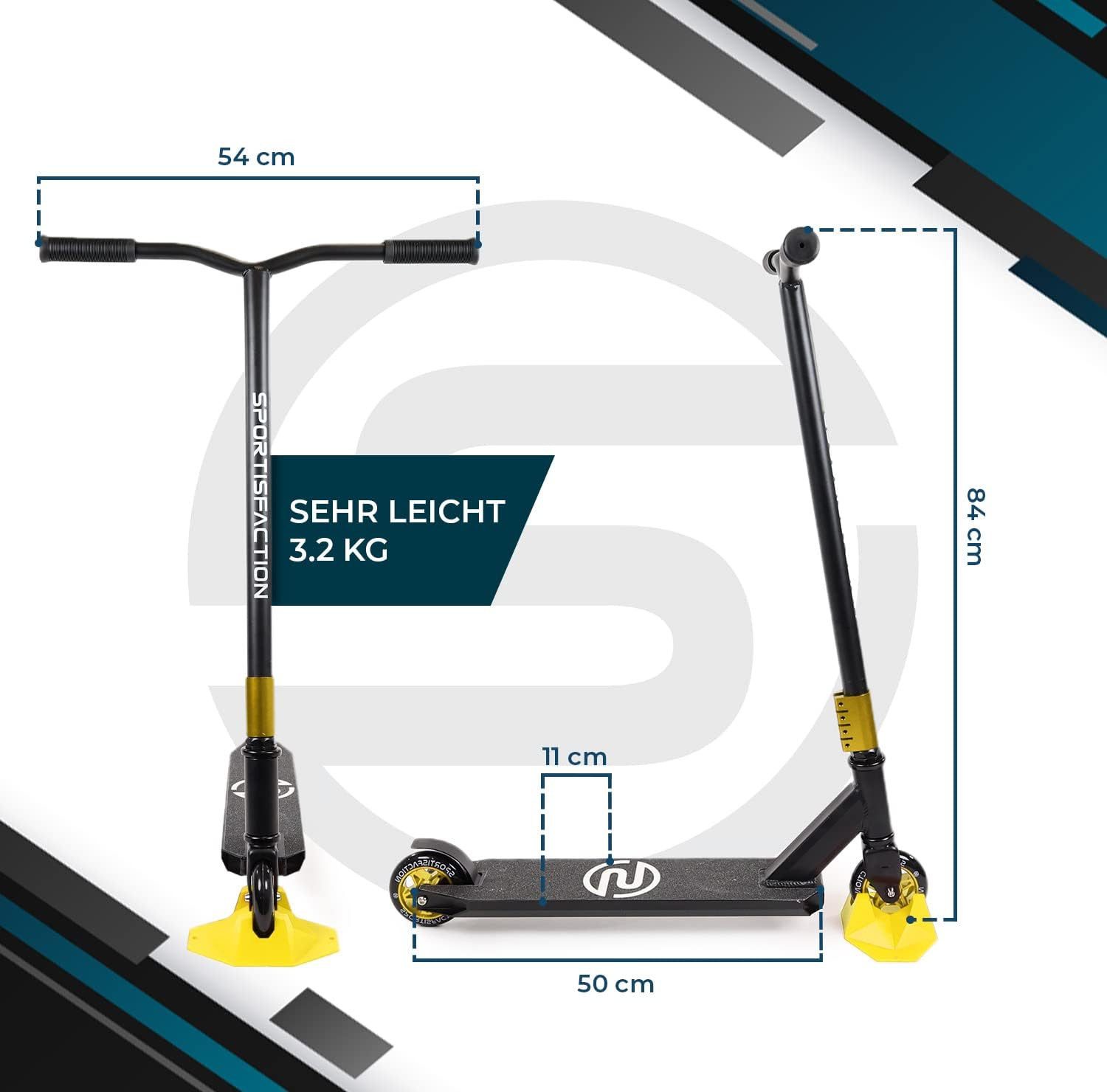 Sportisfaction Stuntscooter Stuntscooter Gold ABEC11 Kugellager 4-fach Klemme Belastbar bis 100kg, Profi Roller für Tricks & Rampen Alu-Deck 50x11cm Robustes Design