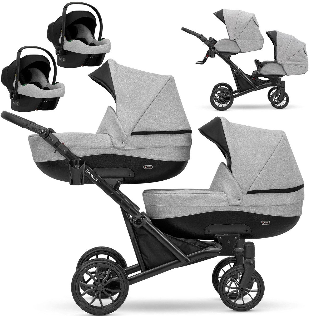 KUNERT Zwillings-Kombikinderwagen 3 in1 Zwillingskinderwagen BOOSTER mit schwarzem Rahmen, Zertifiziert von TUV NORD und ZETOM, entspricht EN 1888-1:2018