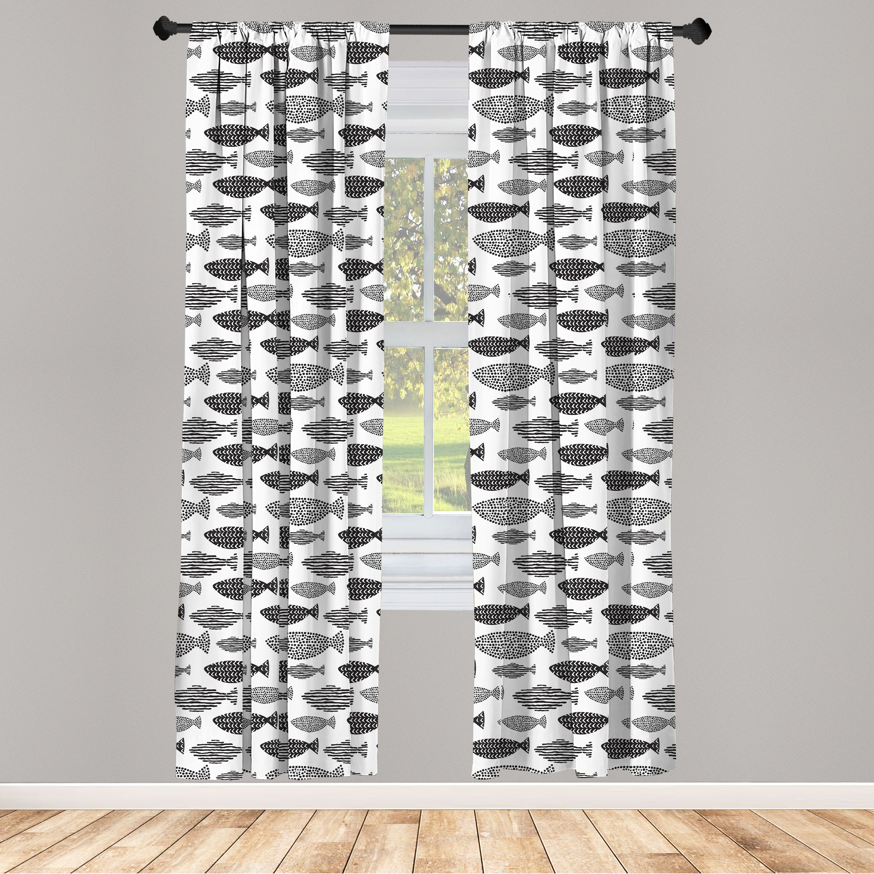 Gardine Vorhang für Wohnzimmer Schlafzimmer Dekor, Abakuhaus, Microfaser, Fisch Seetiere Schwarz Weiß