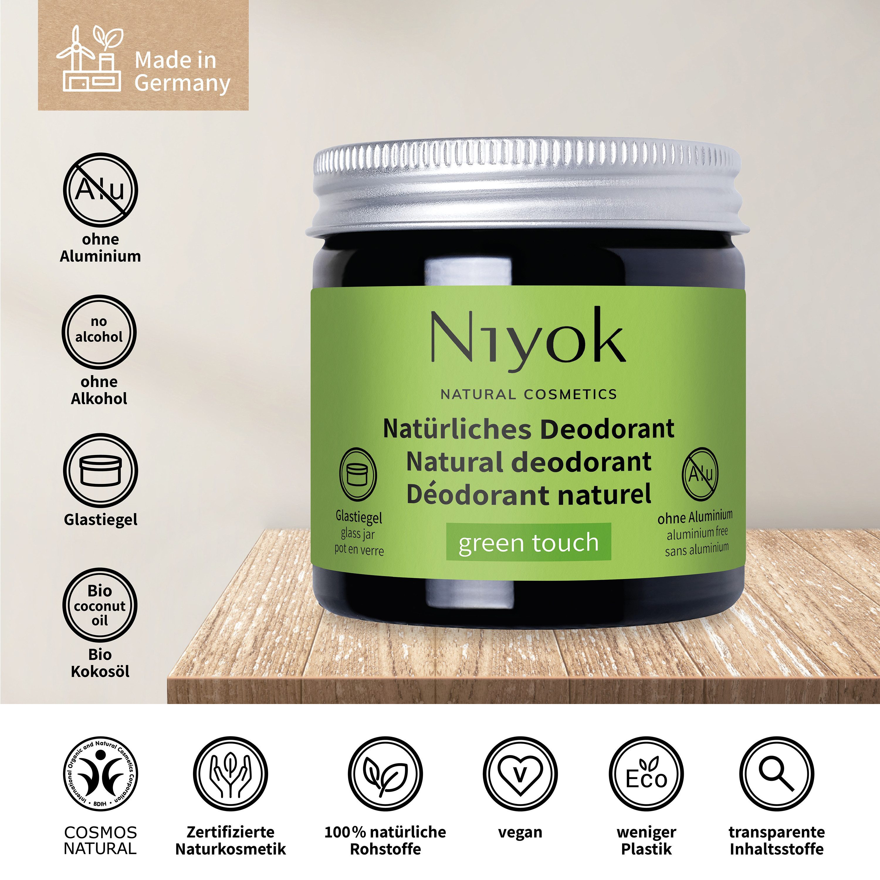 Niyok Deo-Creme 2-in-1 anti-transpirant, Schutz vor Geruch & Schweiß, ohne Alluminium, Green Touch, Deodorant Creme Unisex, Feste Deo Creme, vegan