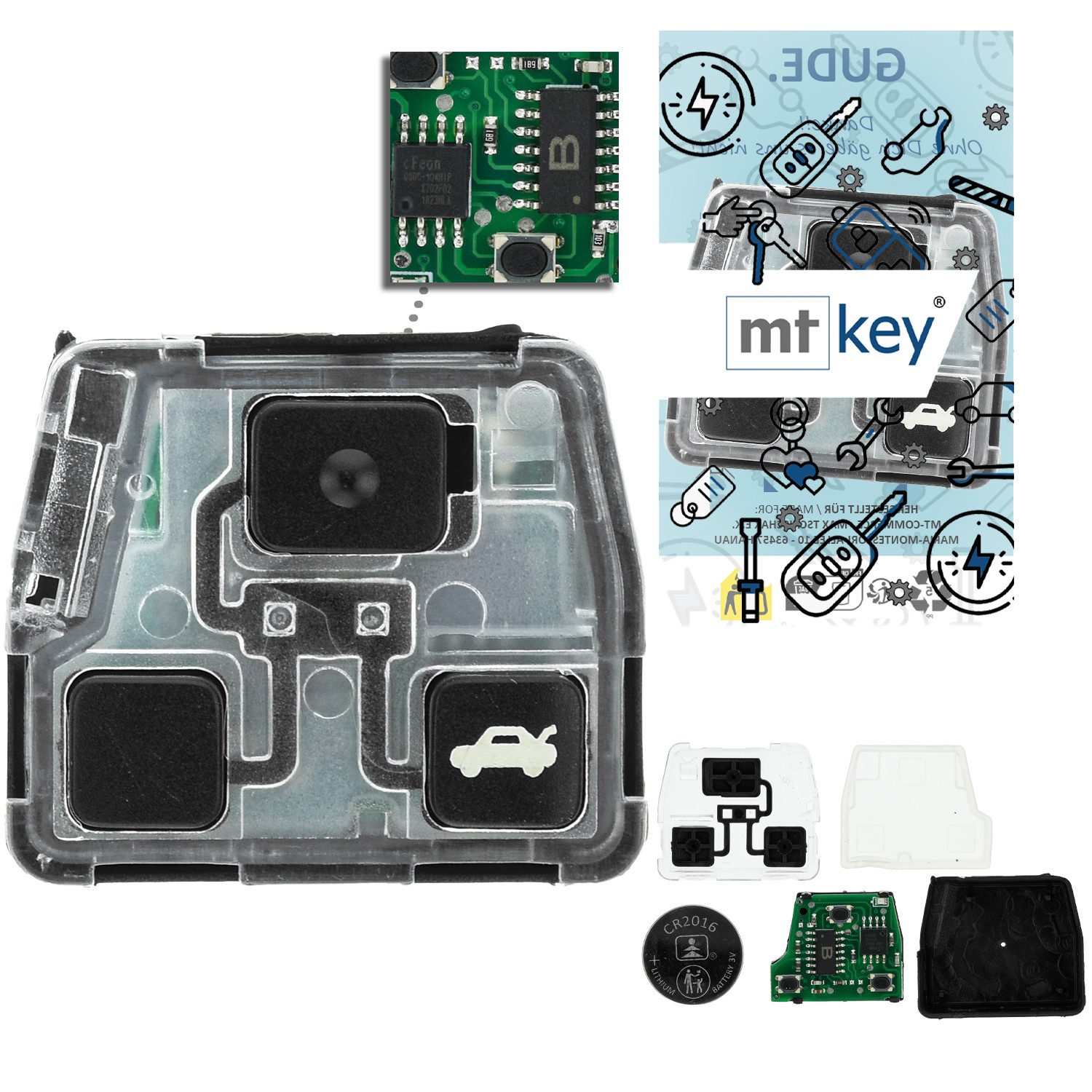 mt-key Schlüsseltasche 3 Tasten Auto Fernbedienung 434MHZ (Set), für Toyota Avensis (T22, 97–03 T25, 03–06); Camry (04); Carina (T...