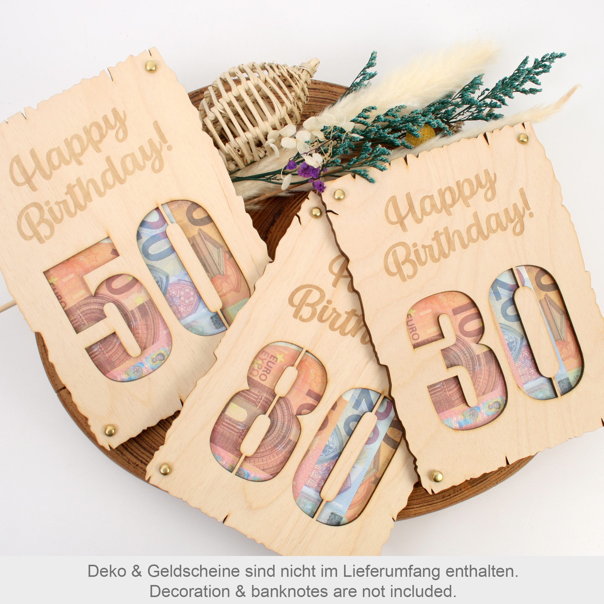 Kreative Feder Glückwunschkarte Glückwunsch-Karte zum Geburtstag - „Happy Birthday“, DIY Holzkarte für Geldgeschenke; Größe ca. 14,6 x 19,7cm