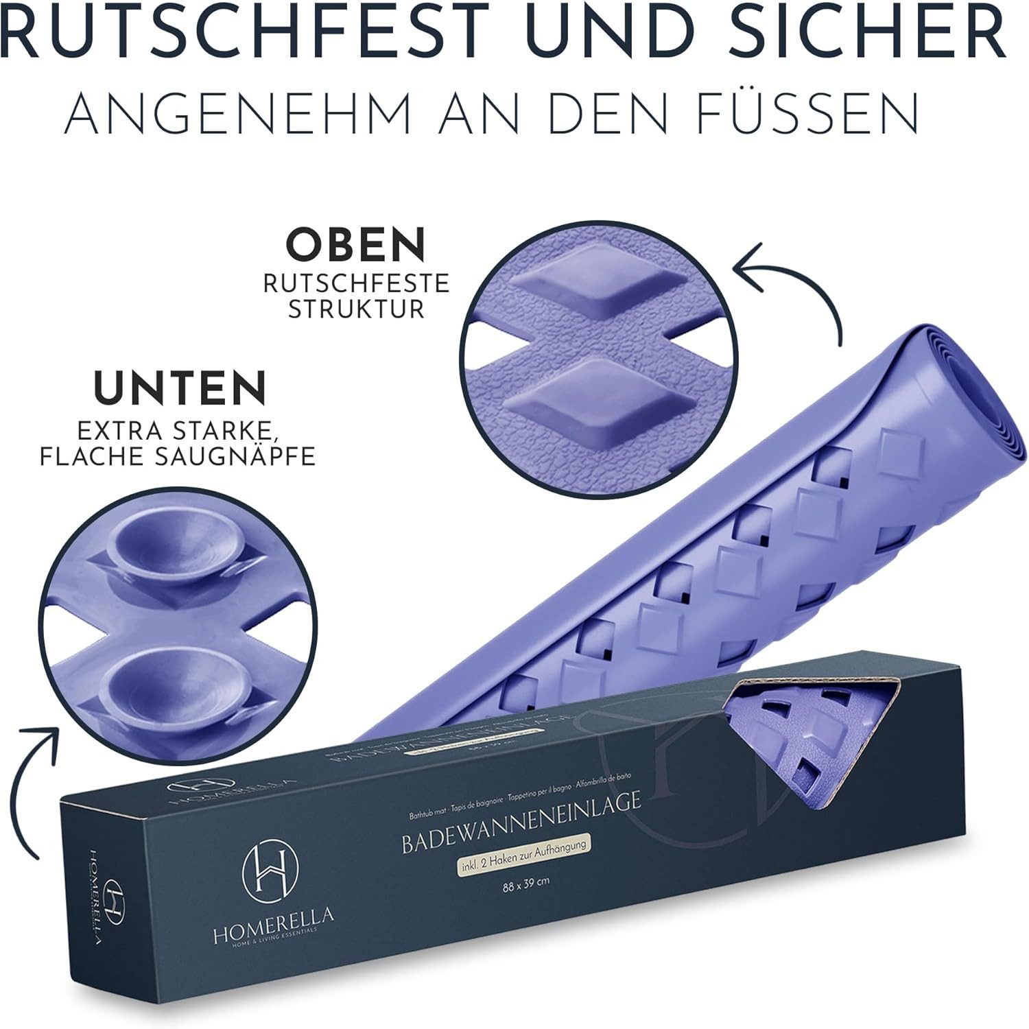 Homerella Badematte rutschfest Hautsensitiv 88x39cm, INKL. AUFHÄNGUNG, Antirutschmatte Badewanne BPA frei, Duschmatte schimmelresistent & maschinenwaschbar – Bild 4 von 5