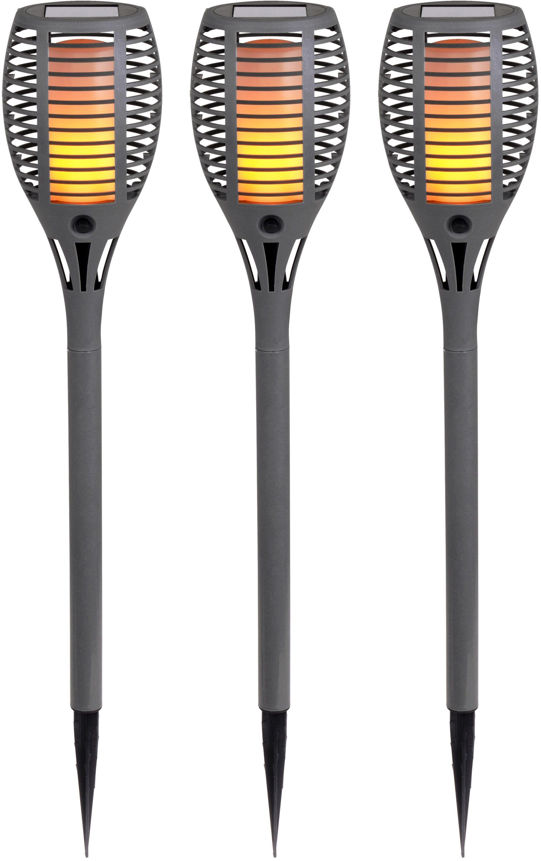 näve LED Gartenfackel Fackel, LED fest integriert, Warmweiß, 3er-Set, Flammeneffekt, Leuchtdauer: 8 Stunden, grau, Kunststoff