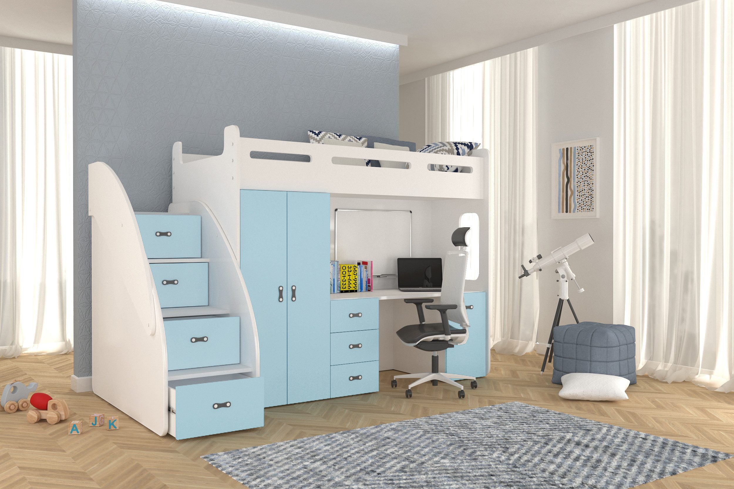 thematys Etagenbett 80x200cm mit Treppe, Schrank und Schreibtisch Hochglanz günstig online kaufen