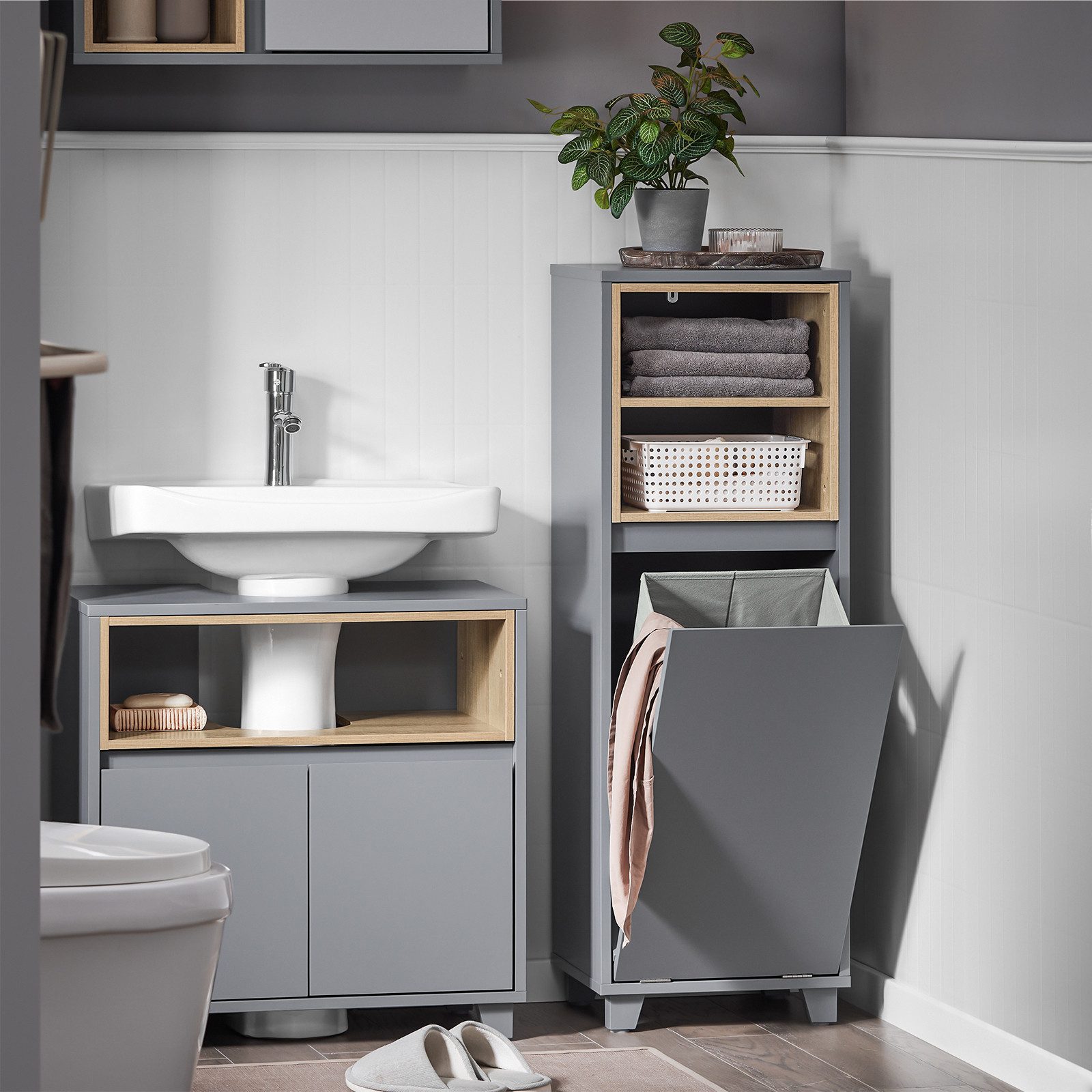 SoBuy Wäscheschrank BZR146, Badezimmerschrank Badkommode Badschrank Schrank freistehend Wäscheschrank mit 1 Wäschebox und 2 offenen Fächern, Badezimmer – Bild 5 von 5