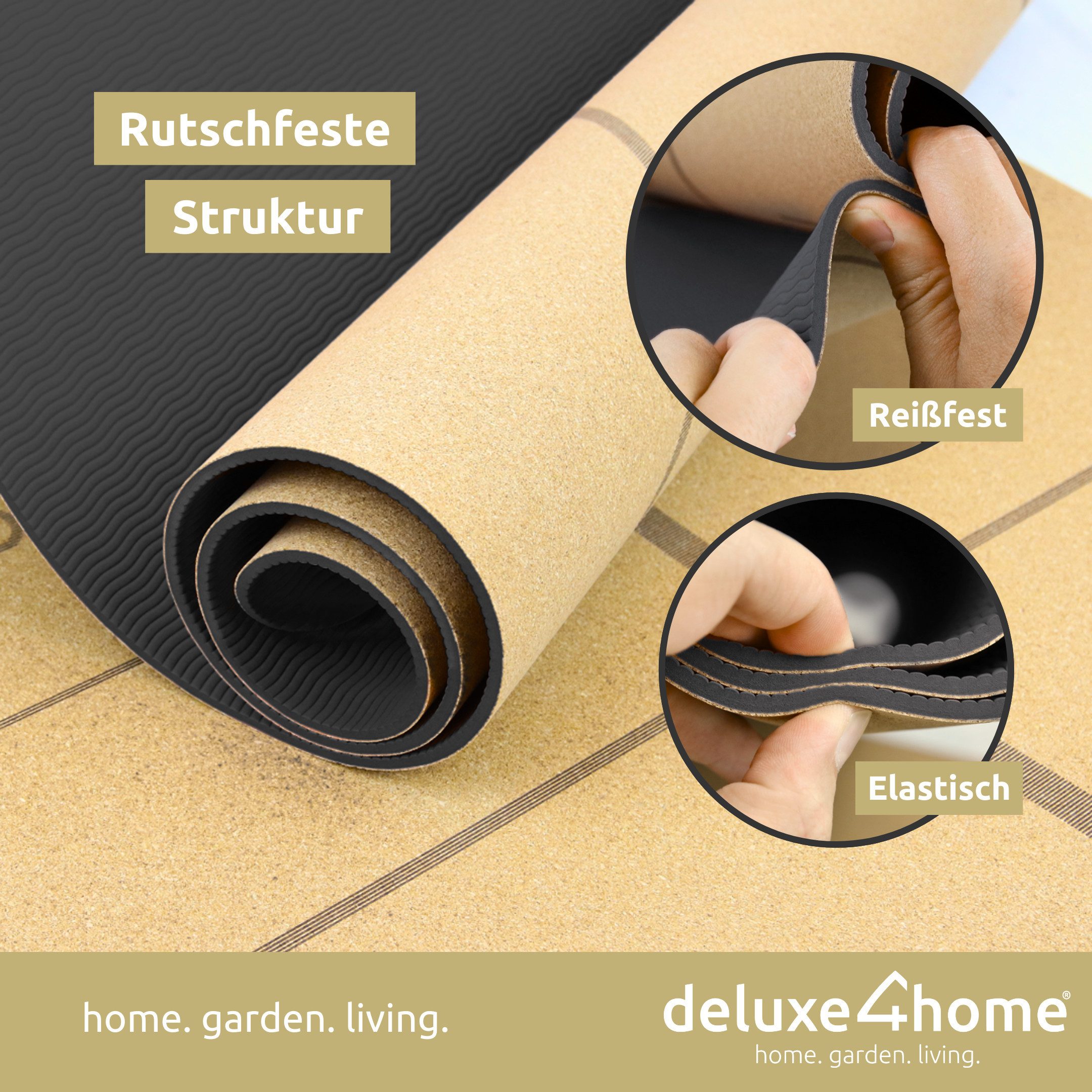 deluxe4home Yogamatte Gymnastikmatte Kork mit Ausrichtungslinien I Turnmatte Fitness Matte, inkl. Tragegurt – Bild 4 von 5