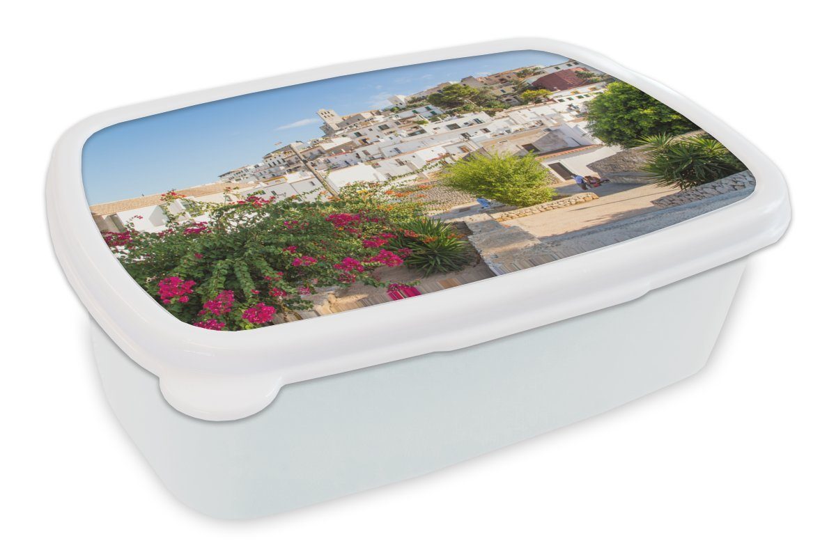 MuchoWow Lunchbox Ibiza-Stadt bei Tag, Kunststoff, (2-tlg), Brotbox für Kinder und Erwachsene, Brotdose, für Jungs und Mädchen weiß